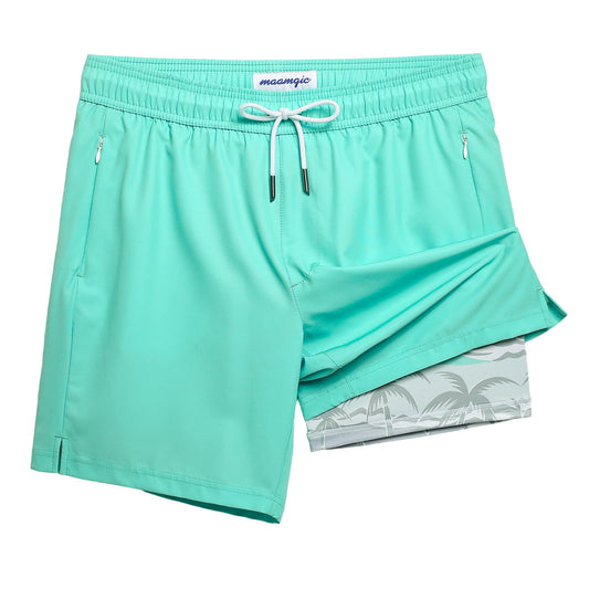 maamgic 2 in 1 Mens Swim Trunks 7 Inch Swim Shorts Swim Suits Board Shorts Coconut Island Turquoise M
