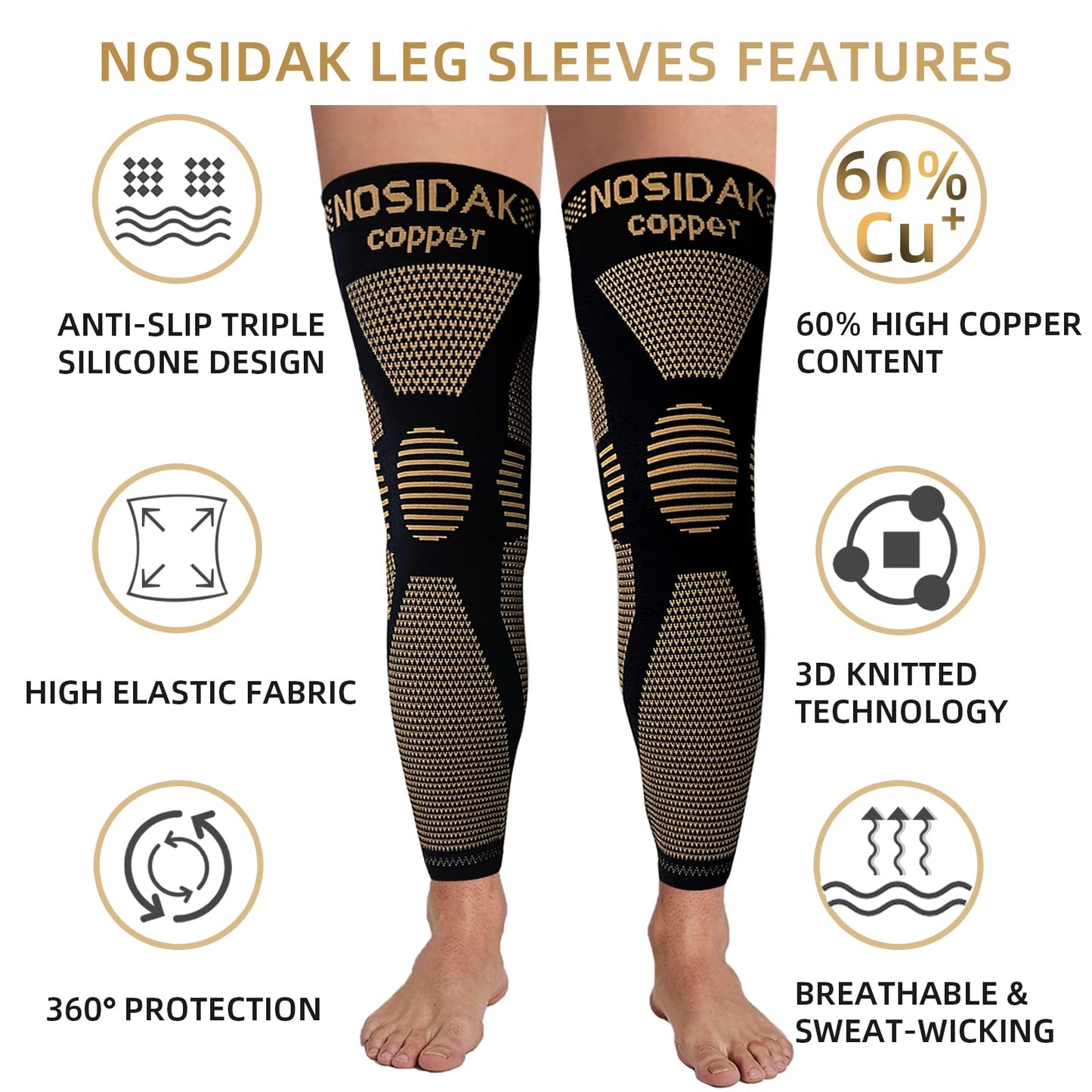 NOSIDAK Full Leg Compression Sleeve (Pair), Copper Knee Sleeves, Anti Slip Compression Stockings, Support for Thigh, Knee, Calf, Arthritis, 20-30mmHg Reduce Varicose Veins, Swelling for Men & Women