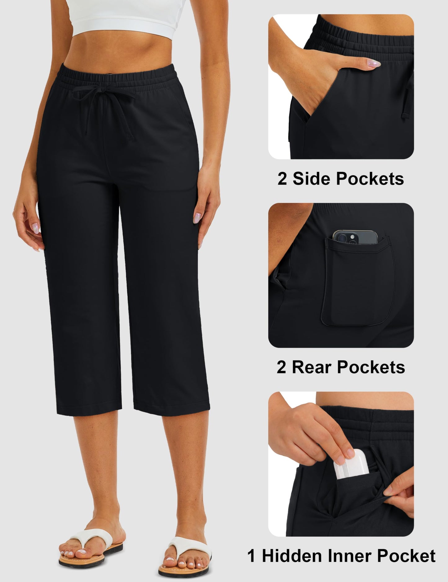 MAGCOMSEN Women's Cotton Capri Pants with 5 Pockets Stretch Summer Capris Yoga Workout Athletic Sweatpants Spandex Black XL