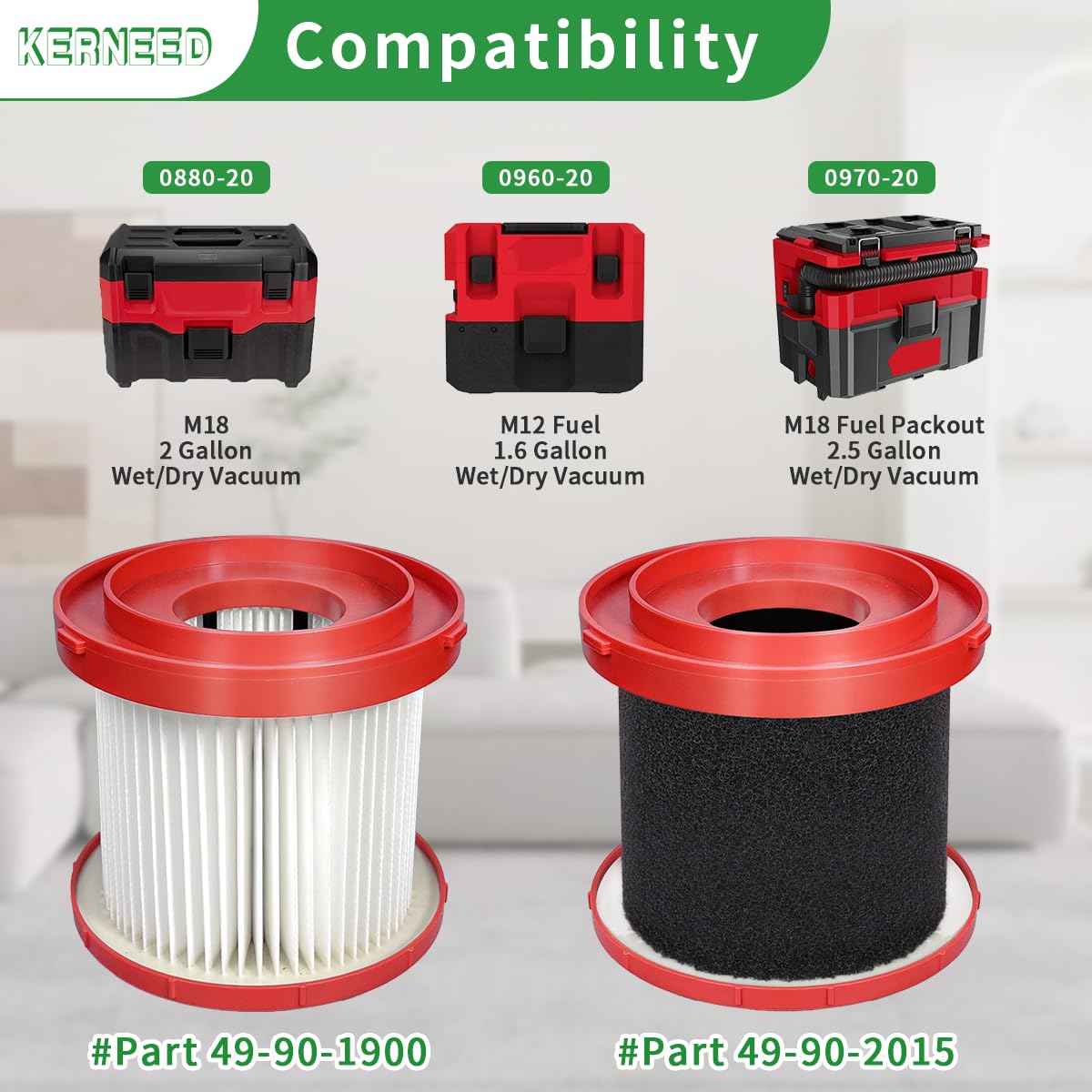 49-90-1900 HEPA Filter & 49-90-2015 Foam Wet Filter Compatible with Milwaukee Wet/Dry Vacuums 0780-20, 0880-20, 0960-20, 0970-20, with 2 Foam Sleeve Filters & 1 Brush