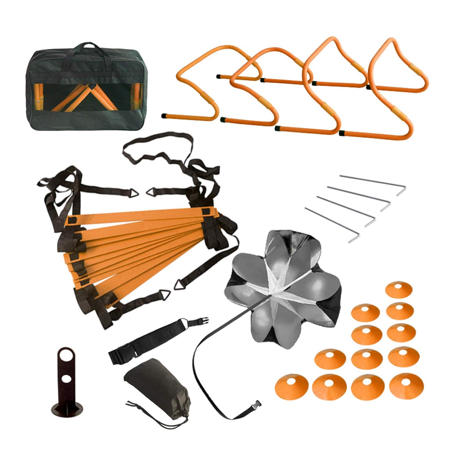 Speed Training Hurdles Set - Agility Footwork Training and Speed Hurdles Ladder, 4 Adjustable Training Hurdle, 20ft Agility Ladder Set with 12 Rungs, 1 Running Parachute and Footwork Drills Equipment