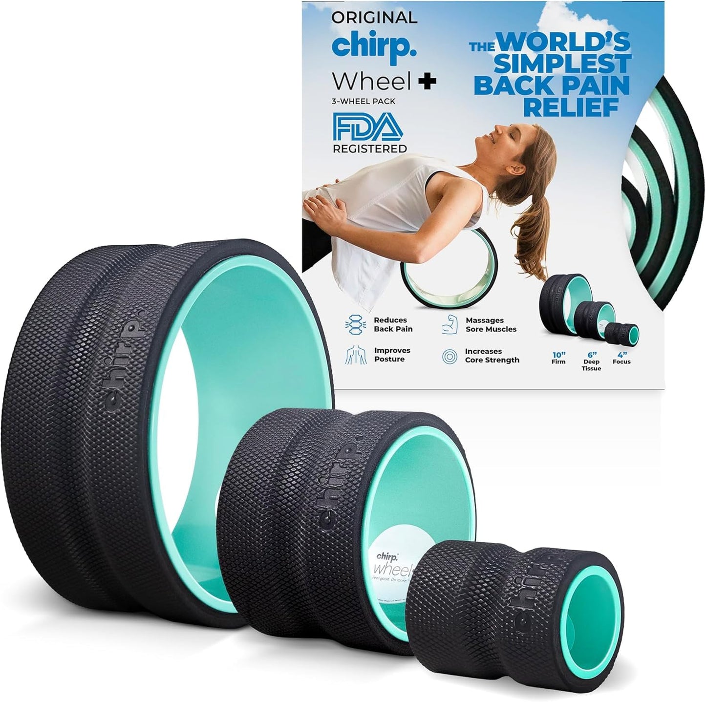 Chirp Wheel Foam Roller 3-Pack with Base for Back Pain Relief, Mint