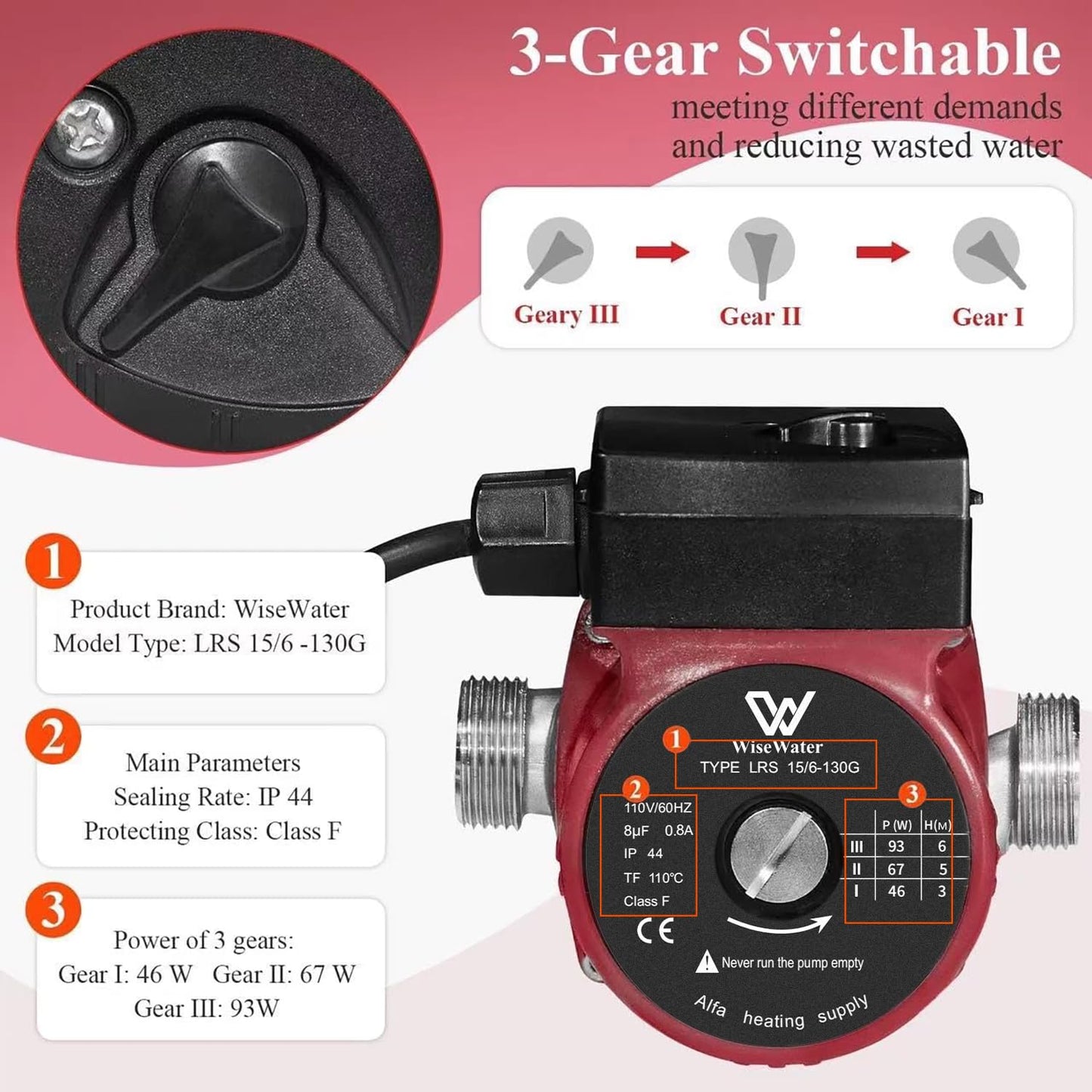 WiseWater 304 Stainless Steel Hot Water Recirculating Pump, 3-speed with 3/4'' NPT Adapters, 110 V Pressure Booster Pump for Floor Heating, Radiator Heating, Hot Water Supply (Red)
