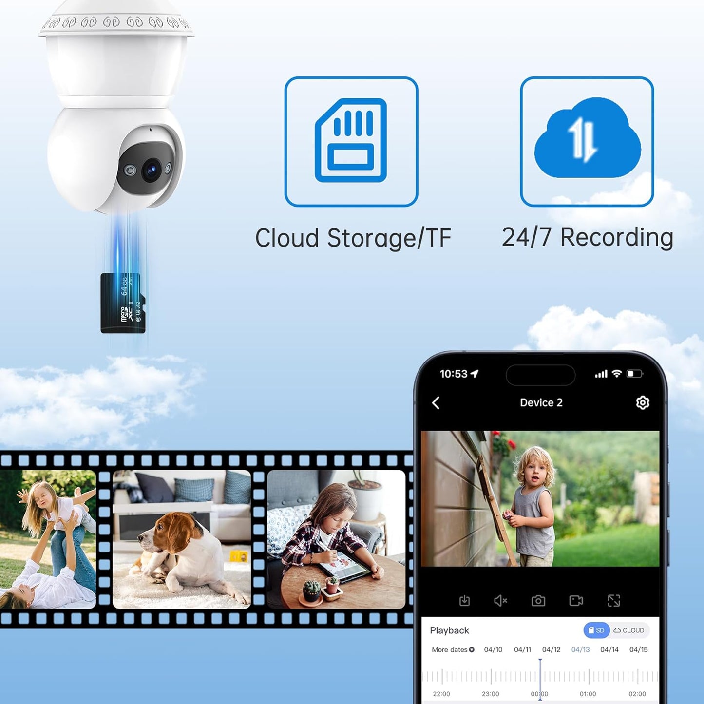 360° PTZ Light Bulb Camera - 3MP WiFi Security Camera with Night Vision & AI Detection