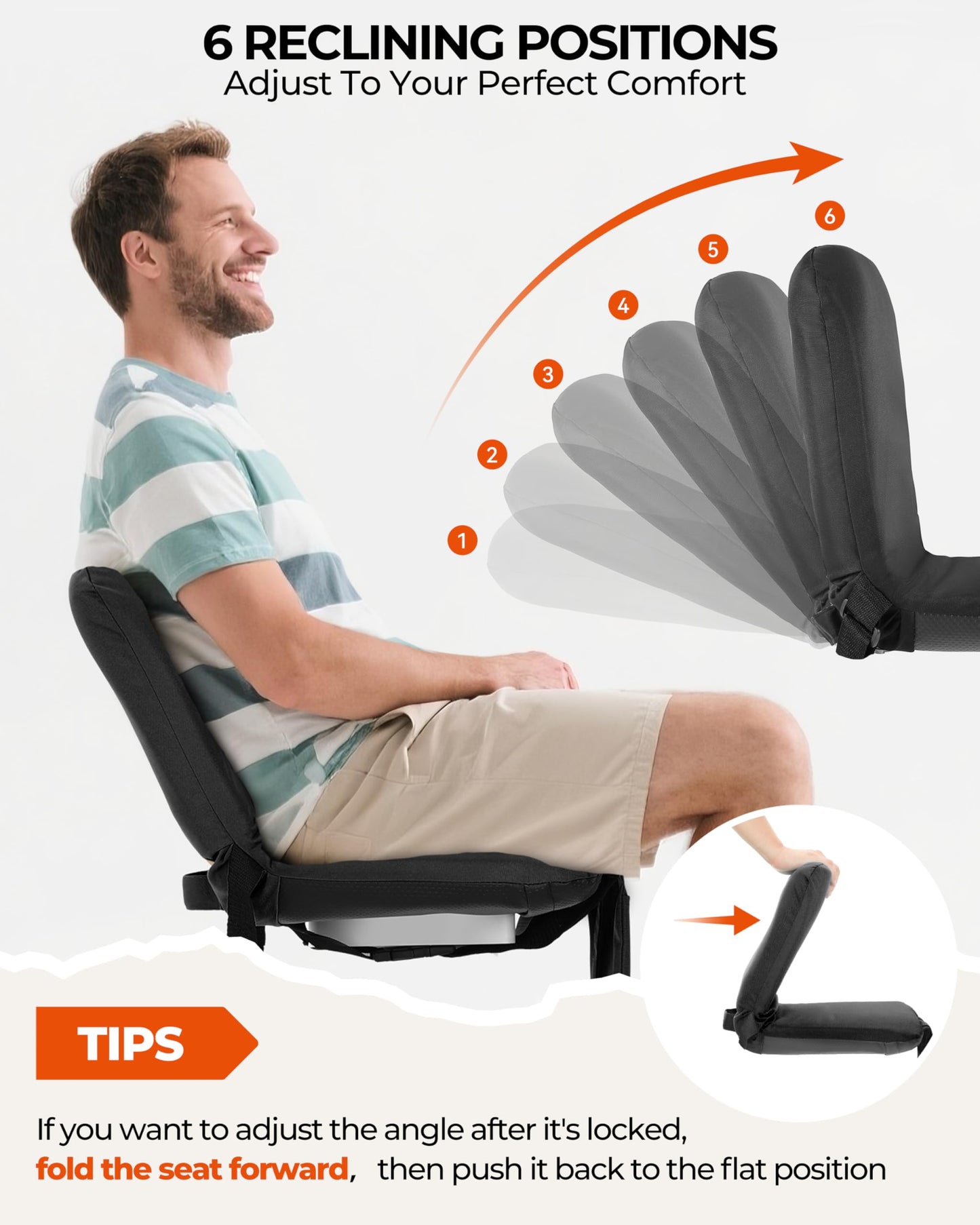 Sportneer Stadium Seats with Back Support: 6 Reclining Positions Bleacher Seat with Carry Handle & Storage Pocket - Folding Bleacher Chairs with Back and Cushion for Sports Outdoors Events, Black