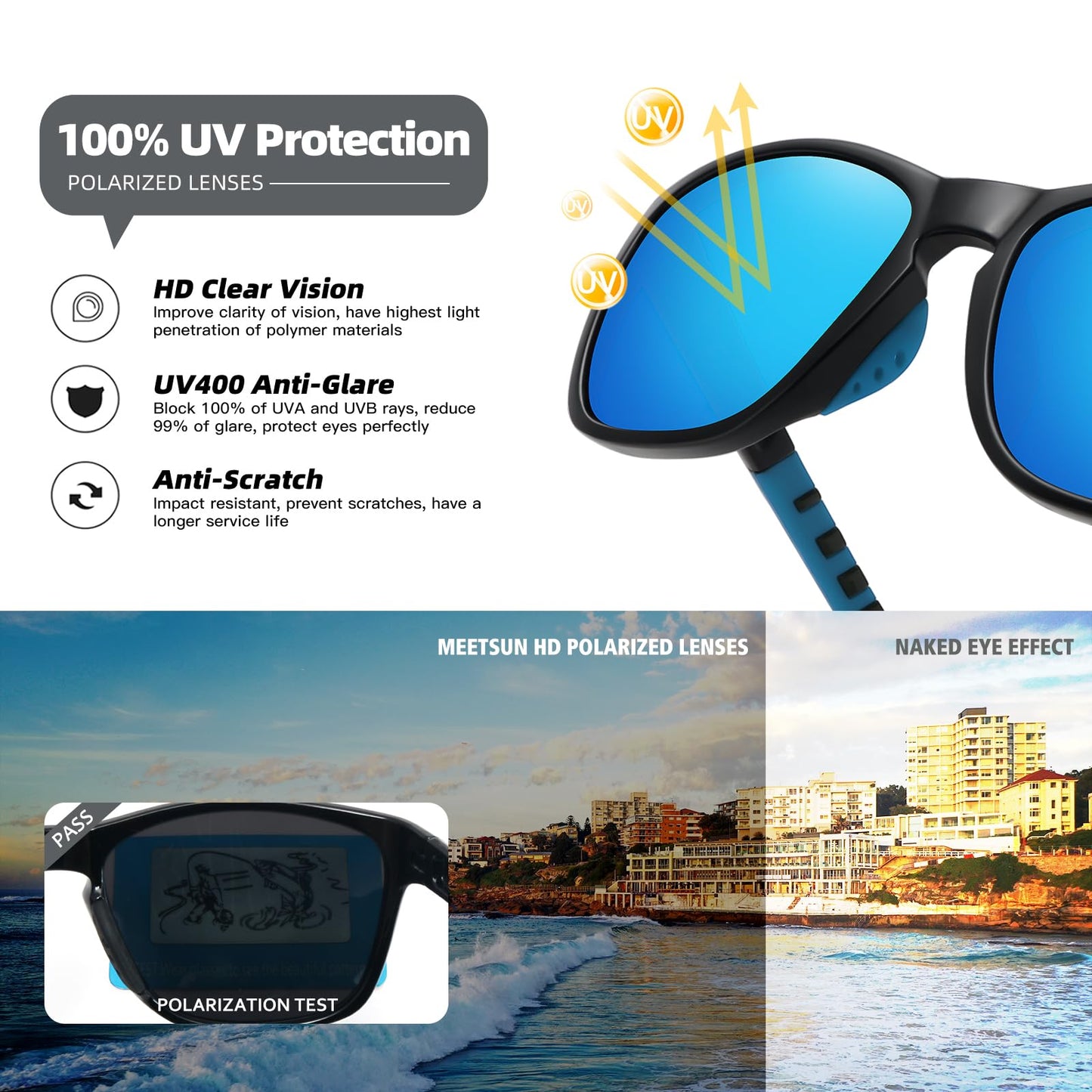 MEETSUN Polarized Sports Sunglasses for Women Men Driving Running Cycling Fishing Sun Glasses UV400 Protection Black Frame-Ice Blue Mirror Lens