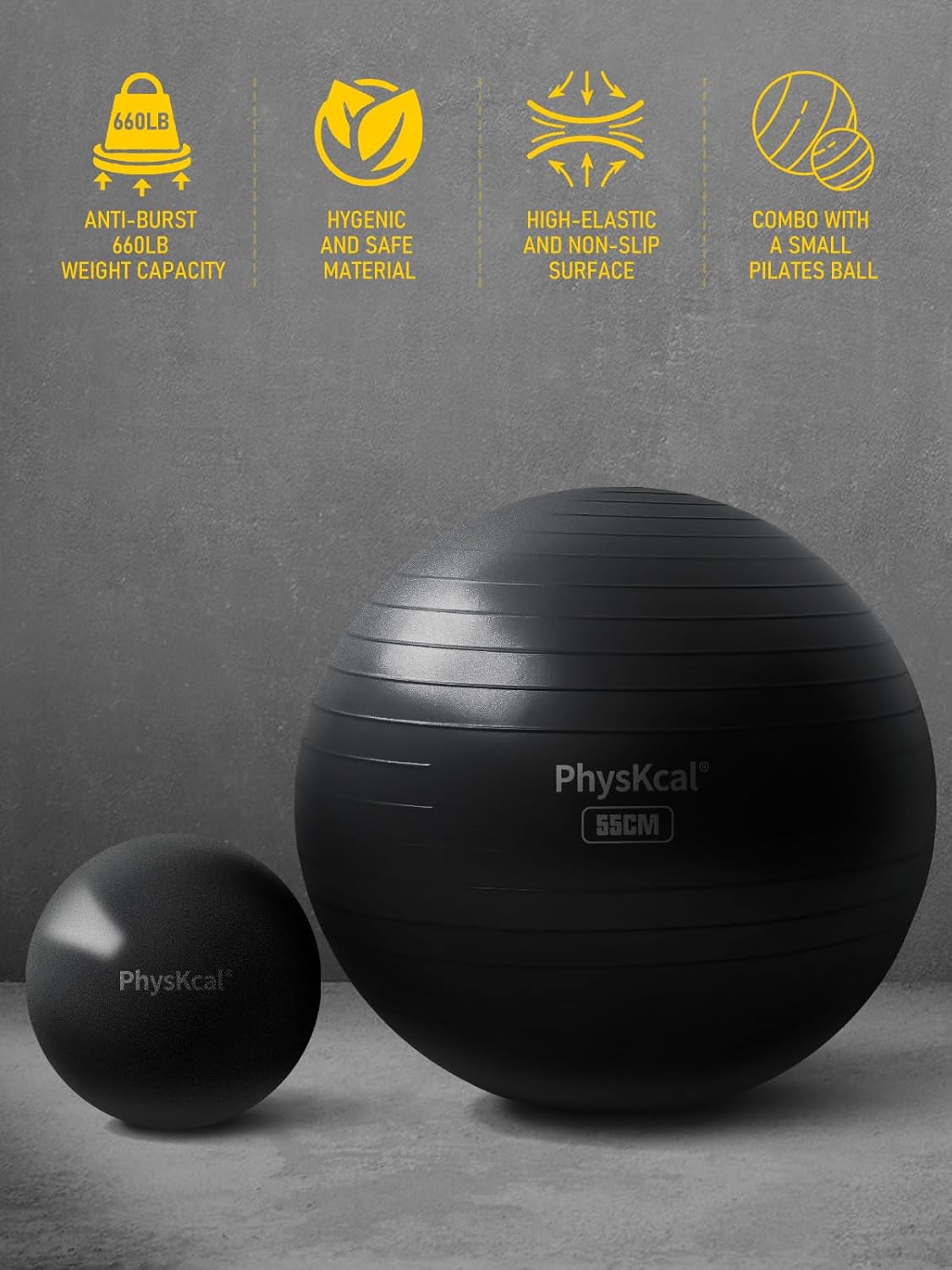 PhysKcal Yoga Ball | Fitness Exercise & Pilates Ball Set - 4 Sizes for Workout, Pregnancy & Therapy