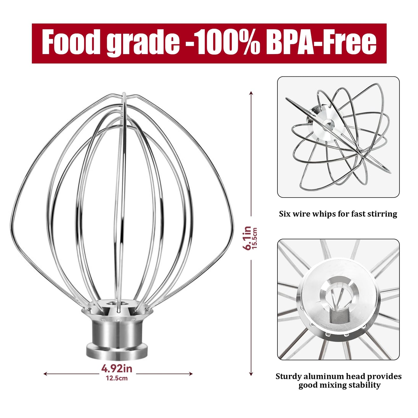 K45WW 6-Wire Whip Attachment Fits KitchenAid Tilt Head Stand Mixer - Egg Heavy Cream Beater, Cakes Mayonnaise Whisk for Kitchen Aid Mixer Accessory Replacement Parts