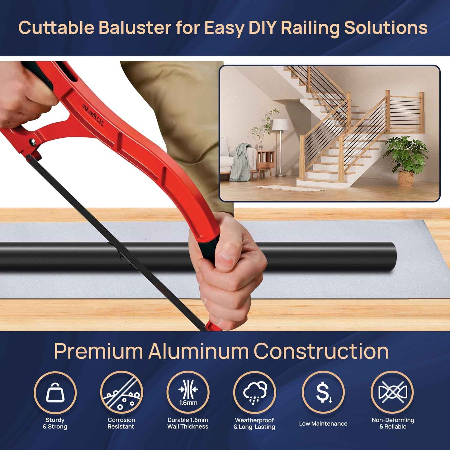 7 Pack 4.7 FT x 19/32 inch Aluminum Balusters for Deck Railing, Horizontal Stair Baluster with Wood Drill Bit Hollow Round Black Staircase Bar Spindles for Indoor Outdoor Railing