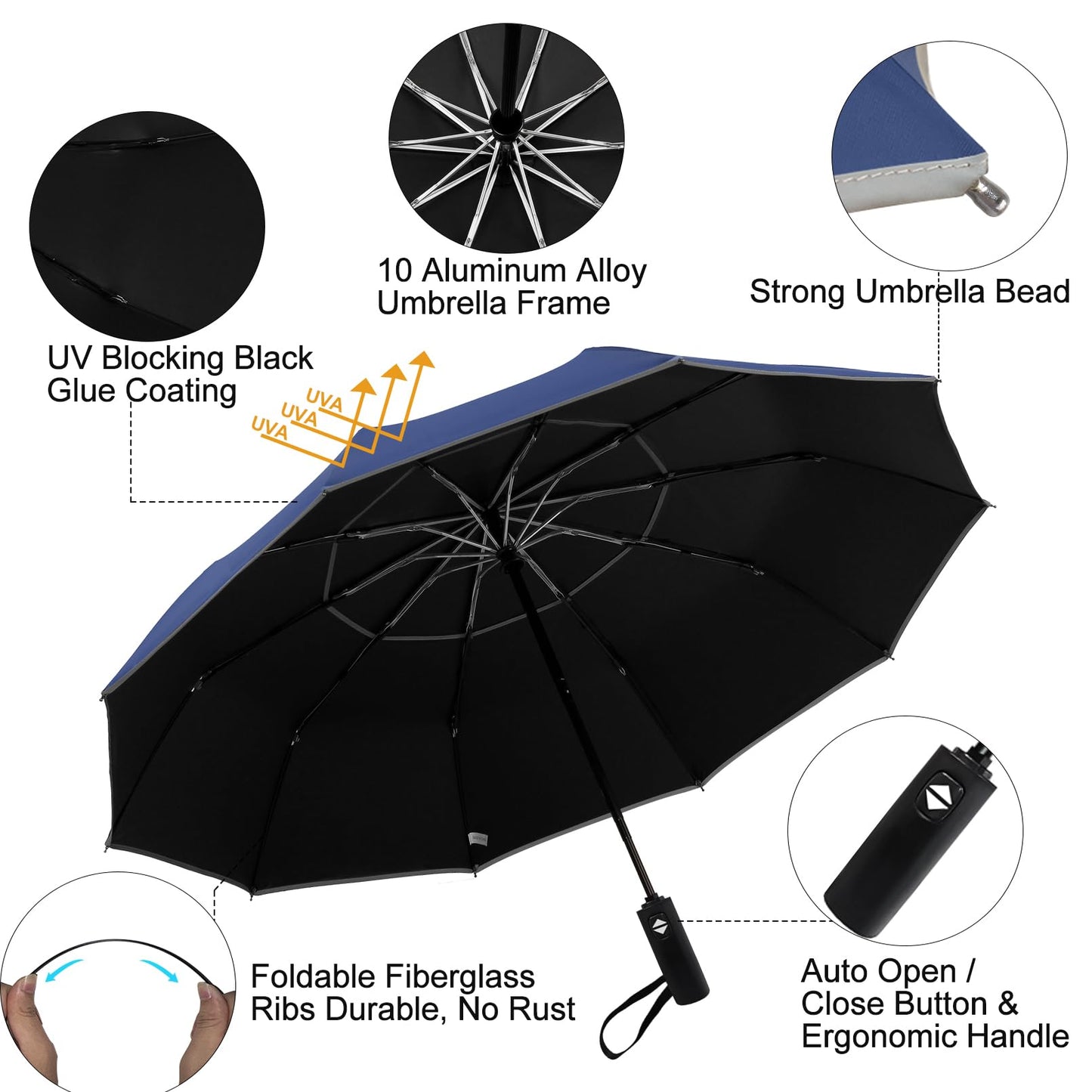 Satol 62 Inch Large Portable Golf Umbrella with Reflective Stripe, Windproof 10 Ribs Vented Double Canopy Oversize Compact Rain Umbrellas for Travel, Waterproof UV Protection Umbrella Auto Open/Close