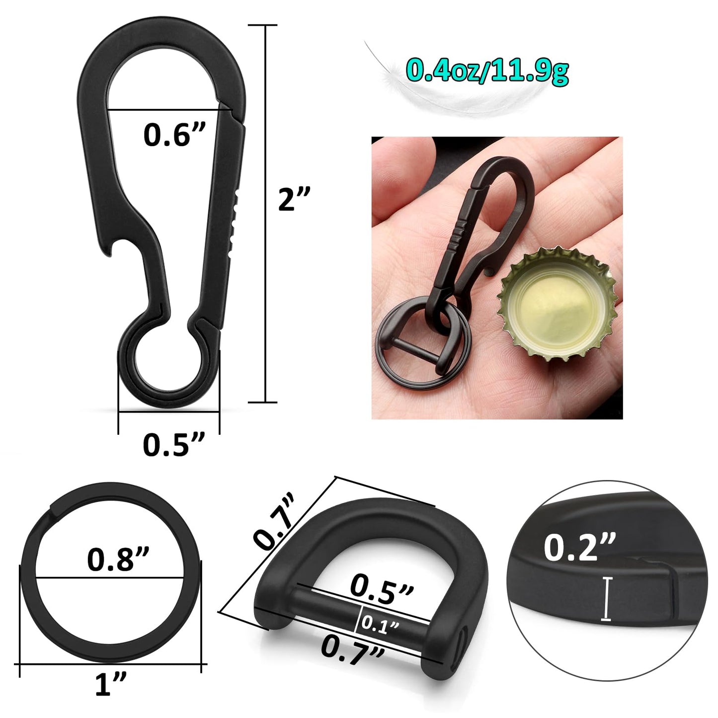 PJYTAC Black Titanium Carabiner Keychain, Quick Release Heavy Duty Key Clip Bottle Opener with Titanium Keyring D Ring for Car Keys