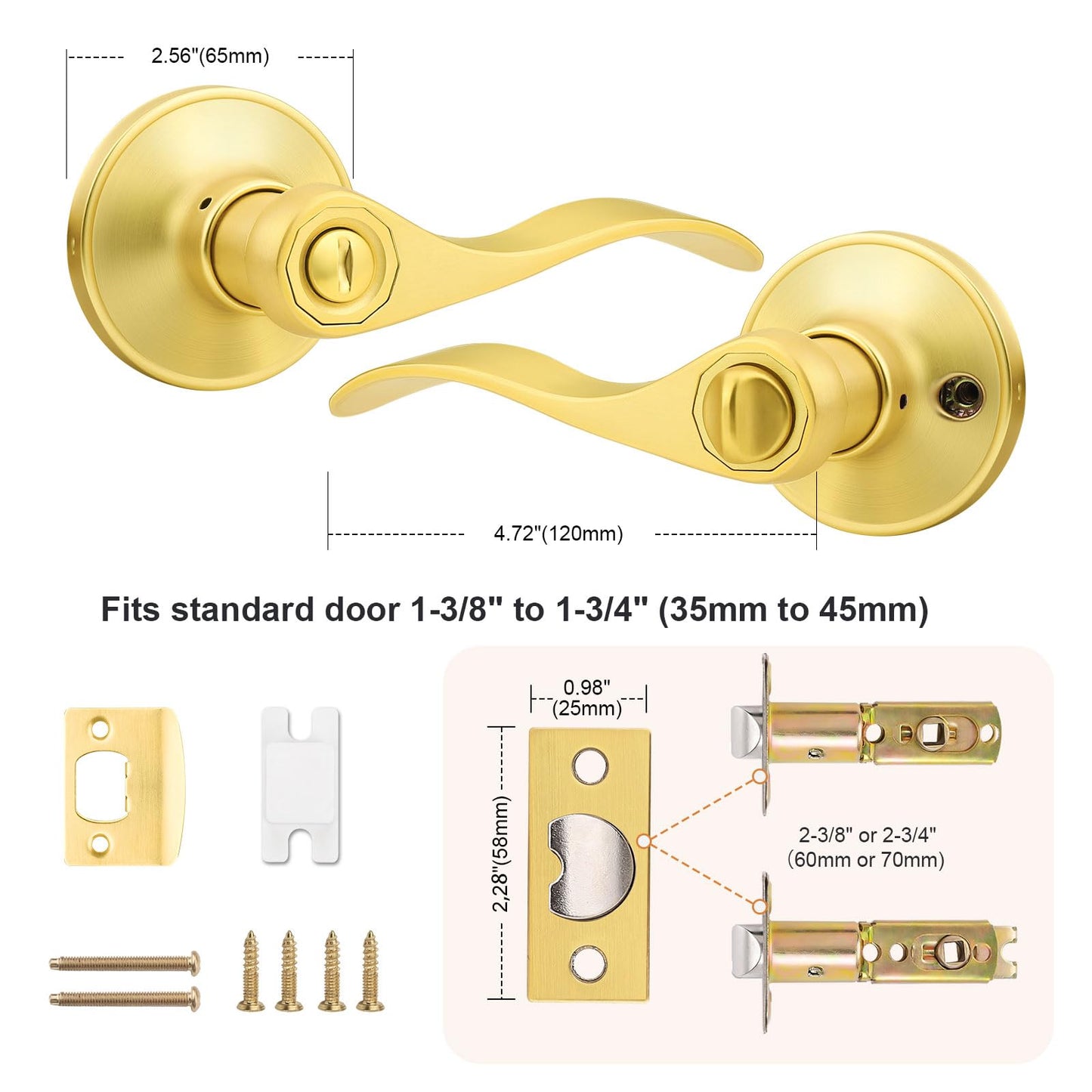 Probrico Door Handles Interior Brushed Gold Privacy Door Handle Lever, Bedroom Bathroom Door Lever Wave Style, 6 Pack