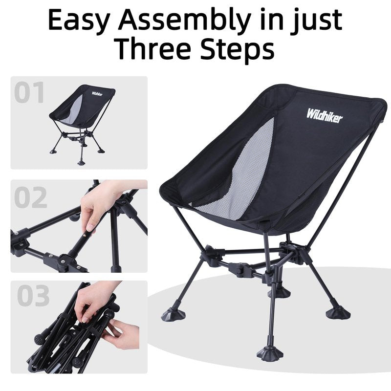 Wildhiker Ultralight Backpacking Chair – Compact Camping Chairs for Adults with Pouch, Weighs 2.8 lbs with Anti-Sinking Large Feet for Beach, Hiking, Motorcycle, Travel, Festival – Black