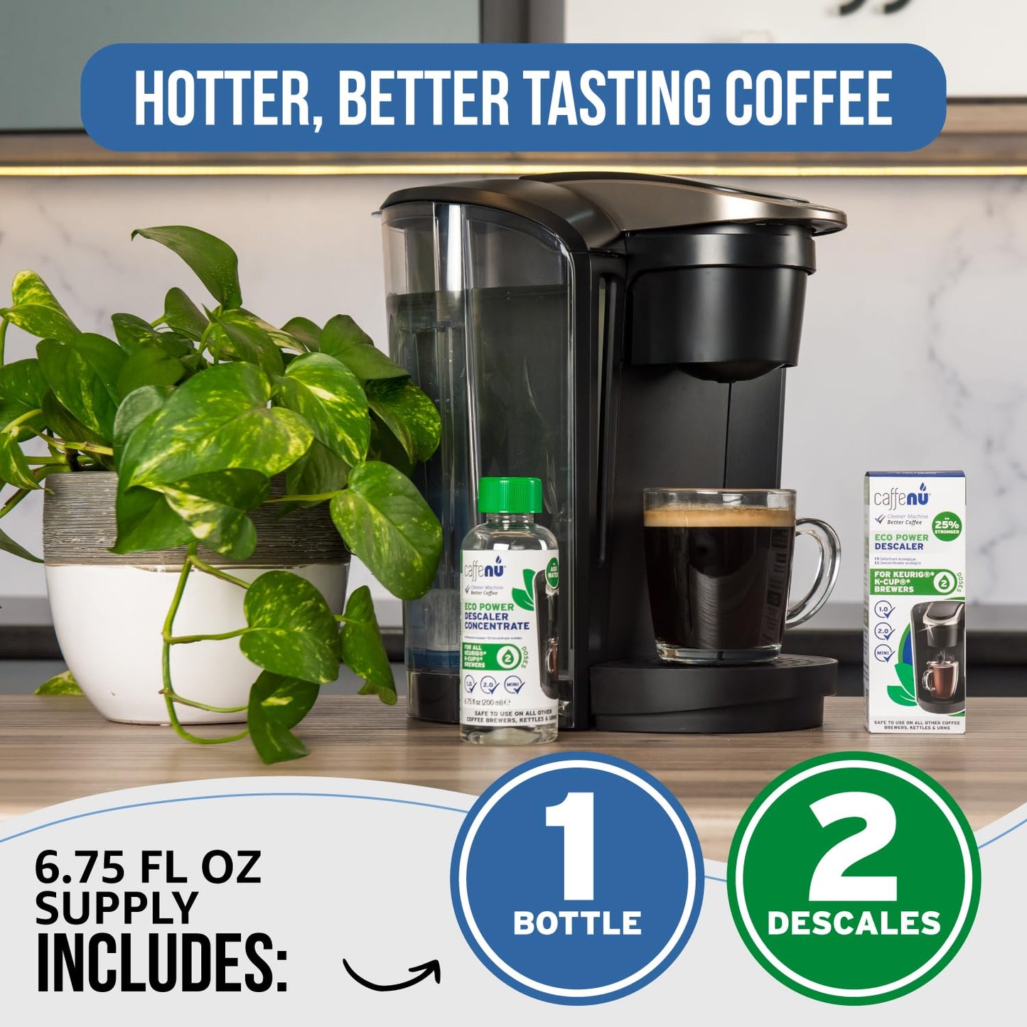 Keurig Compatible Descaling Solution. 1 Bottle of Descaler Solution. Descaling Kit Removes Limescale For Hotter Coffee. 2 Uses Descaler For Keurig Coffee Makers.