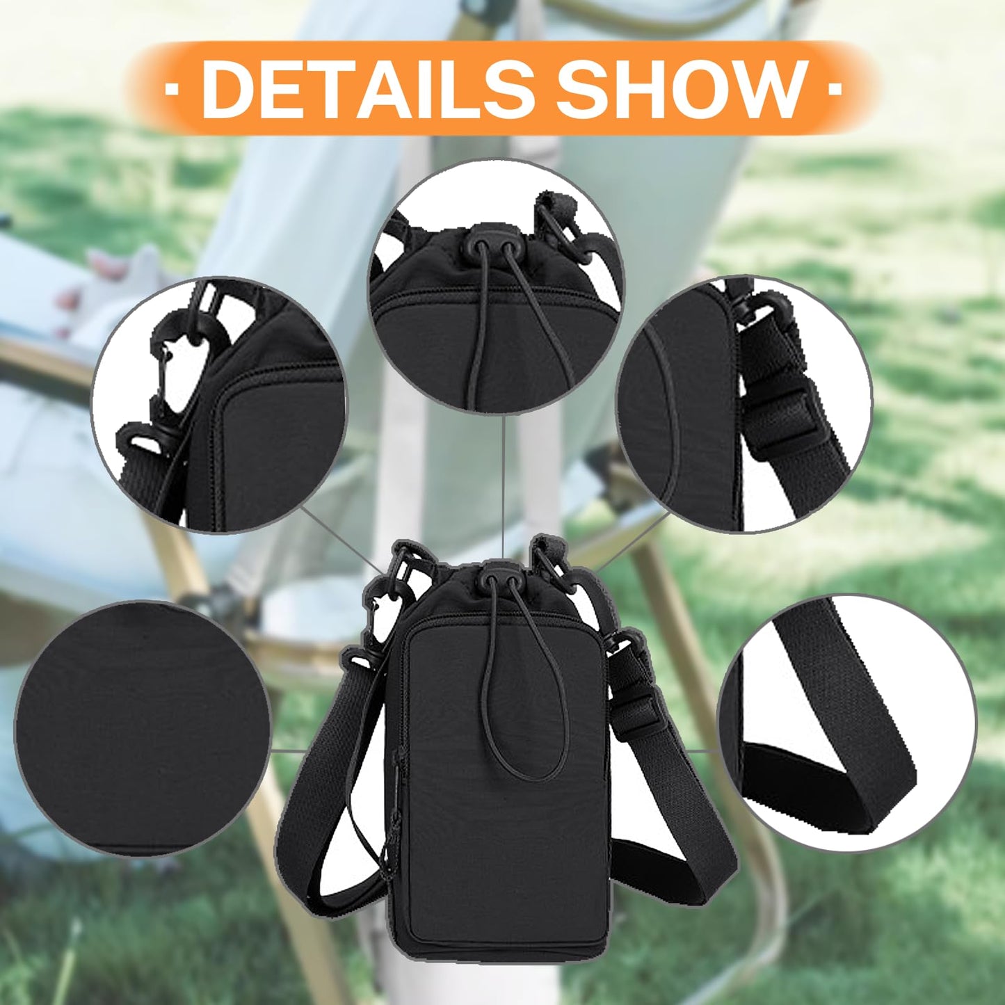Water Bottle Holder with Phone Pocket for 40/32 oz,Water Bottle Holder with Adjustable Shoulder Strap and Charm,Water Bottle Sleeve for Walking Hiking Camping Gym. (Black)