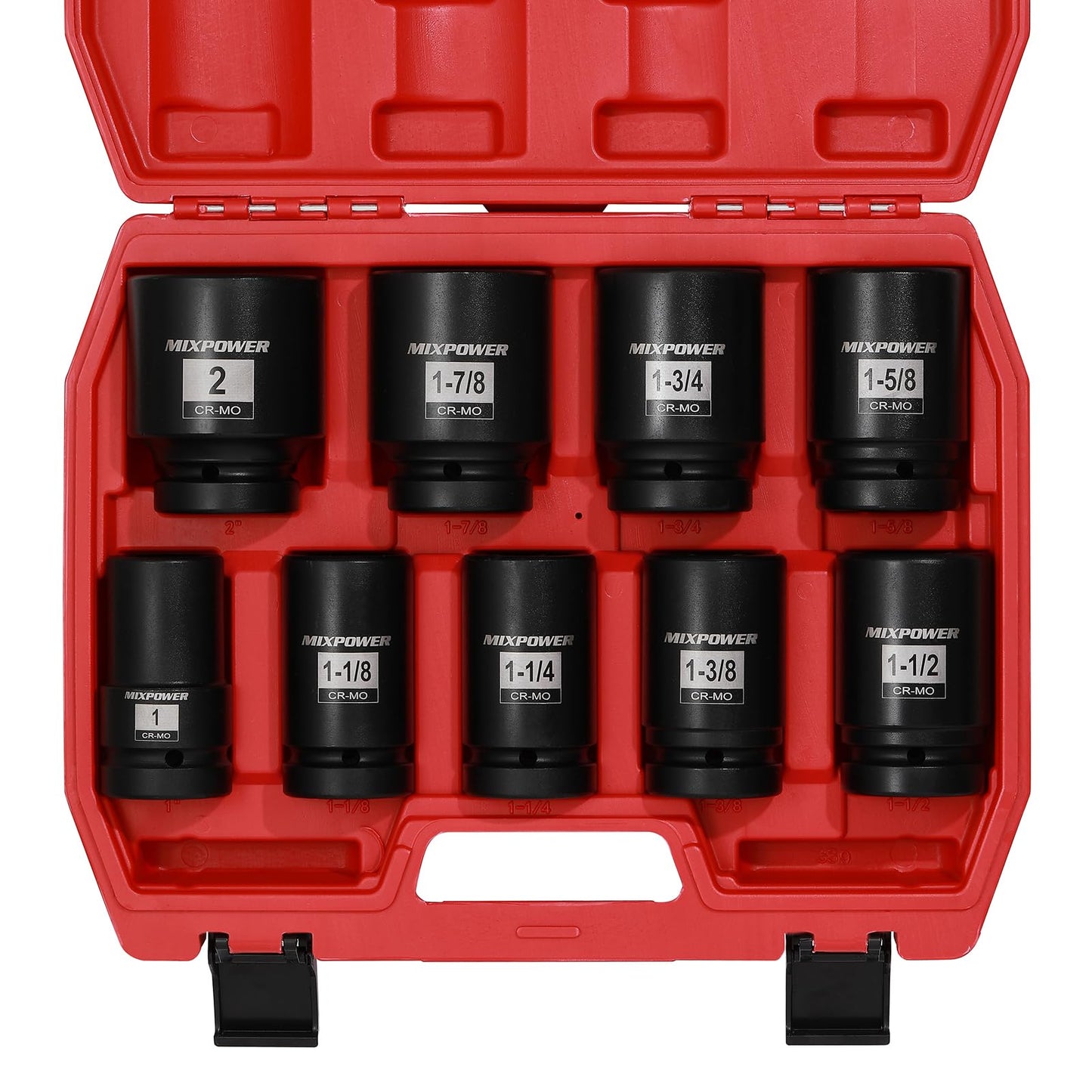 MIXPOWER 9PCS 1"Drive Impact Deep Socket Set, 6 Point, 1" - 2", CR-MO, SAE, Deep, 1" Dr. Deep Spindle Axle Nut Impact Socket Set