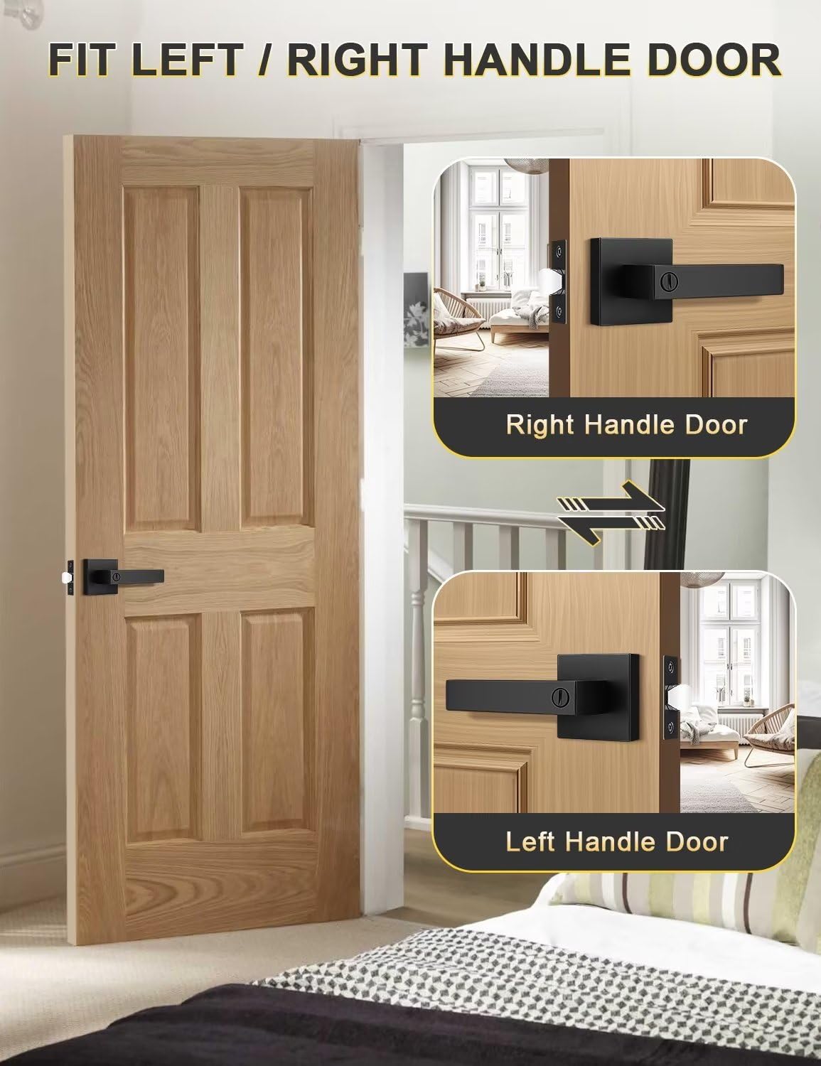 Tinewa 5 Pack Square Privacy Door Levers Locksets in Matte Black Finish, Bed/Bath Door Levers Keyless Interior Handles,Reversible for Left Right Handed Doors