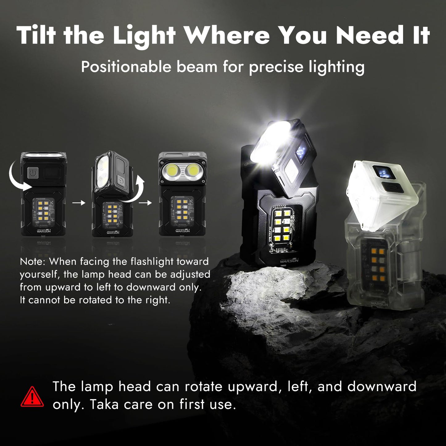 WARSUN Rechargeable EDC Flashlight with Rotating Head – 800 Lumens Compact Magnetic Flashlight with Clip, USB-C Portable Mini Light for Camping, Emergency, Repair Use