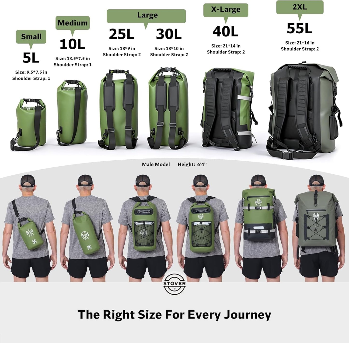 STOVER Waterproof Dry Bag | Roll-Top Backpack with Phone Case for Kayaking, Hiking & Camping - 5/10/25/30/40/55L