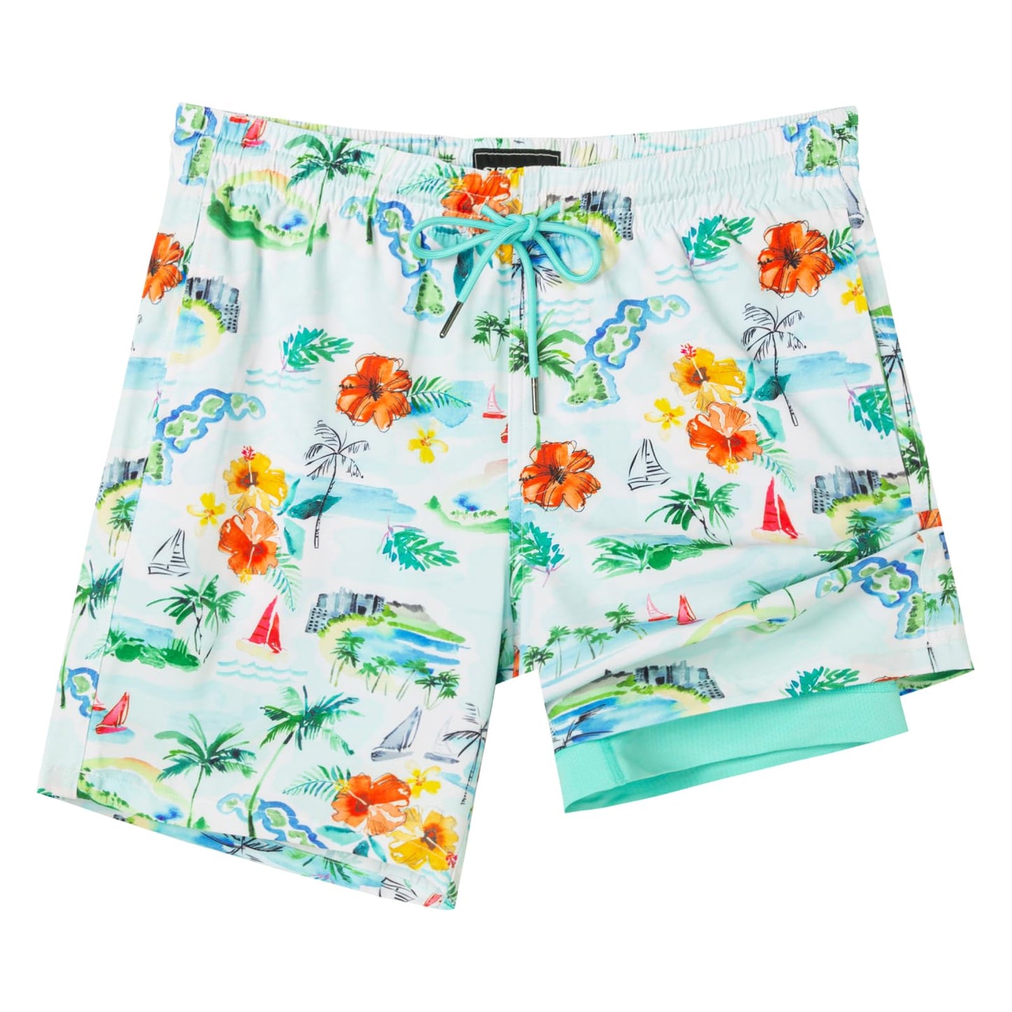SURF CUZ Mens Swim Trunks with Compression Liner Quick Dry Swim Shorts 7" Swimming Trunks Stretch Bathing Suit Zipper Pockets,Tropical Breezers,XXL