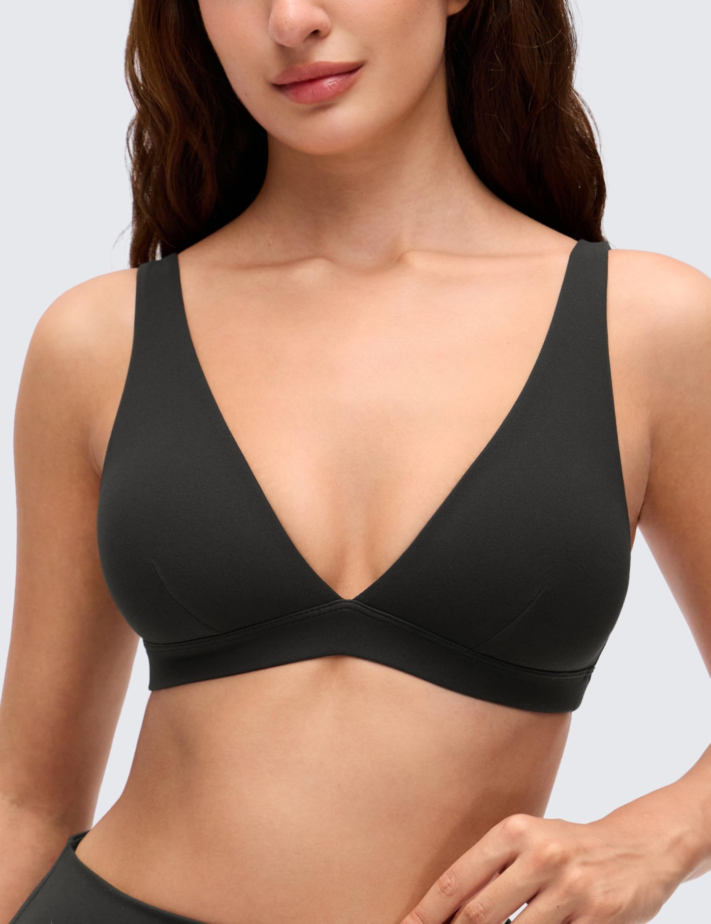 CRZ YOGA Butterluxe Soft Double Lined Deep V Neck Sports Bras for Women - Open Back Yoga Crop Top Casual Non Padded Black Medium