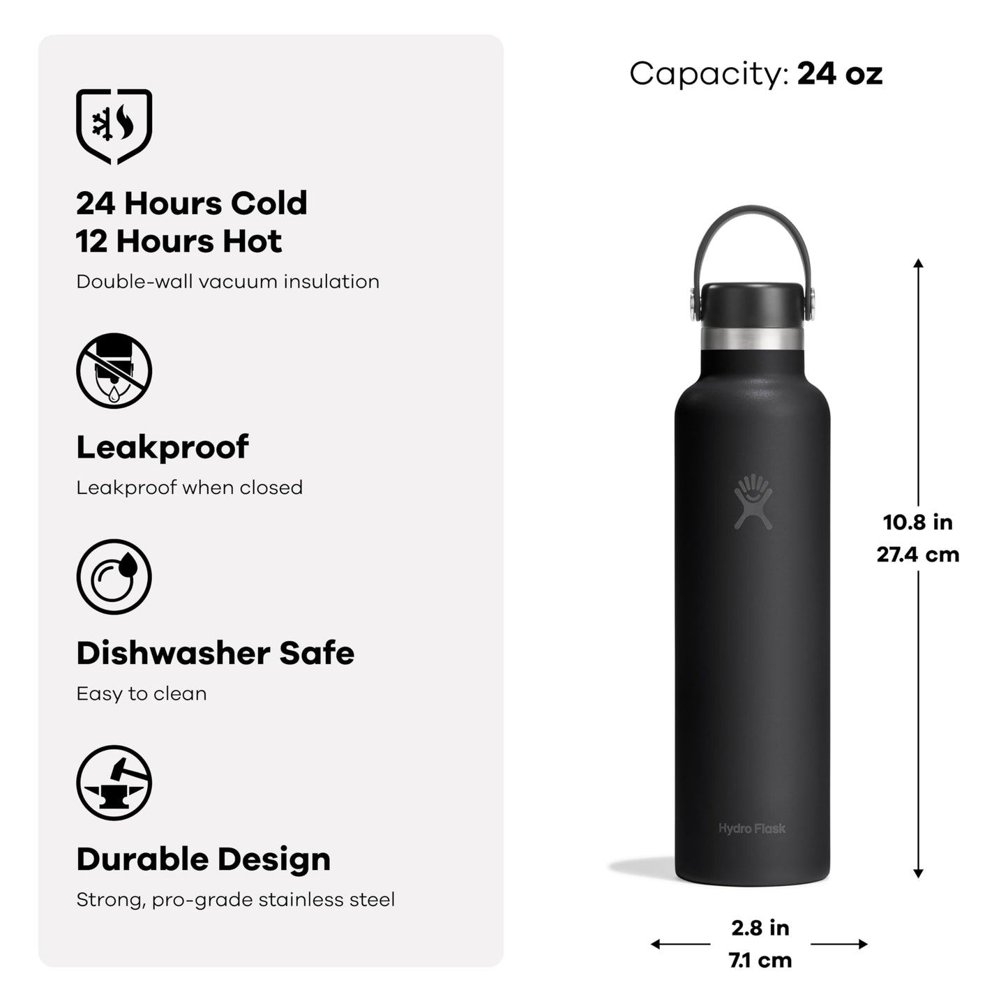 Hydro Flask Water Bottle - Insulated Stainless Steel - Non Spill, Leakproof in 24 Oz Tonal White
