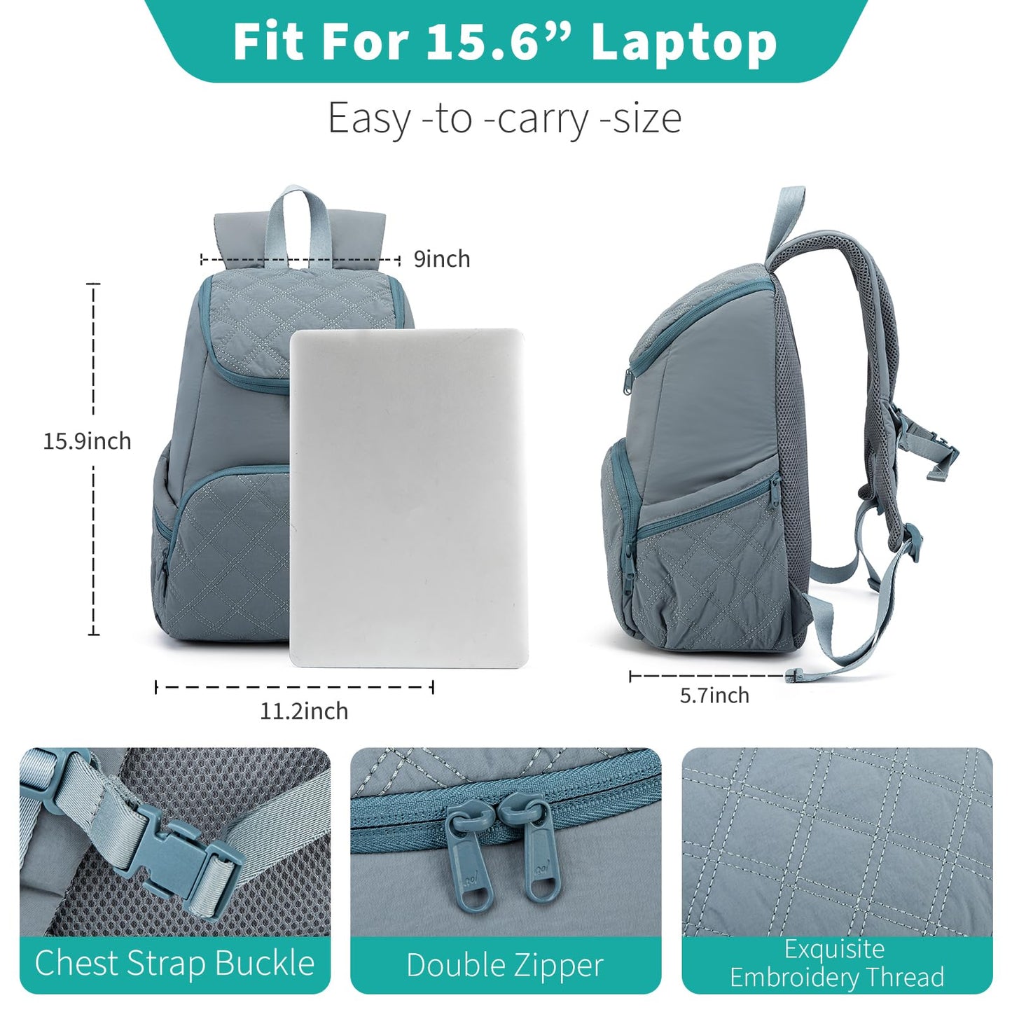 NOL Natural Organic Lifestyle Women's Quilted Puffer Backpack, Large Waterproof Lightweight Puffy Bookbag, Carry on Daypack for Travel, Work (Dusty blue)