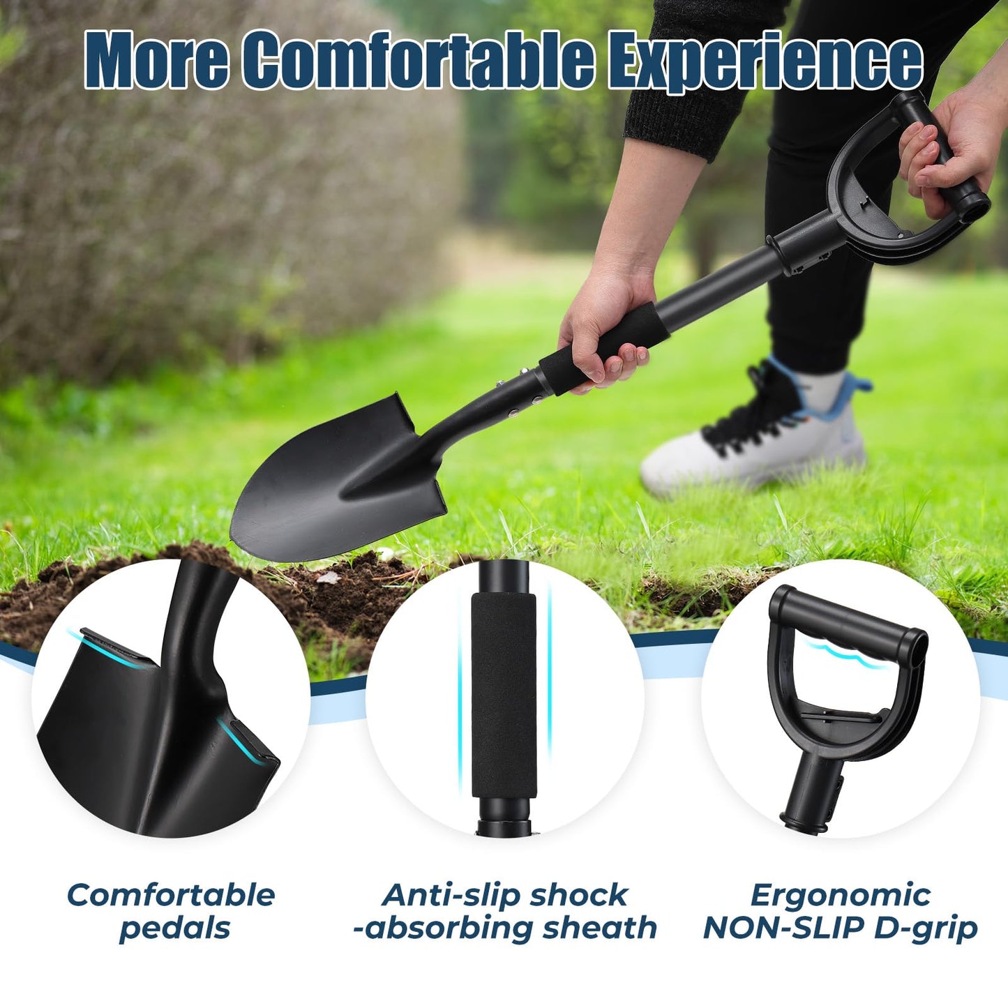 31" Compact Garden Shovel with D-Grip Handle - Rust-Proof Lightweight Metal Tool for Raised Beds, Tight Spaces & Emergency Use (Kids/Adults Friendly), Black