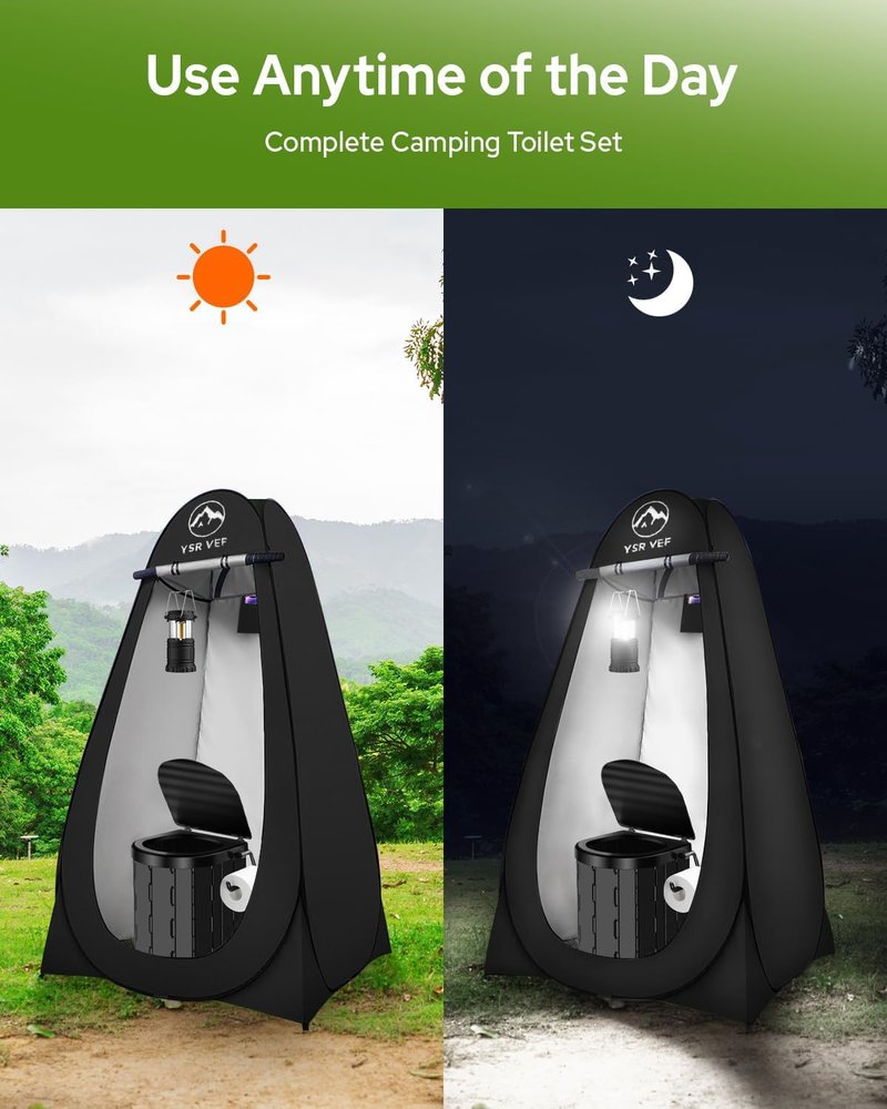 YSRVEF Portable Camping Toilet Kit with Pop-Up Privacy Tent, Washable Outdoor Shower and Changing Room, Includes Toilet Bags, Poo Gel, and Camping Lantern
