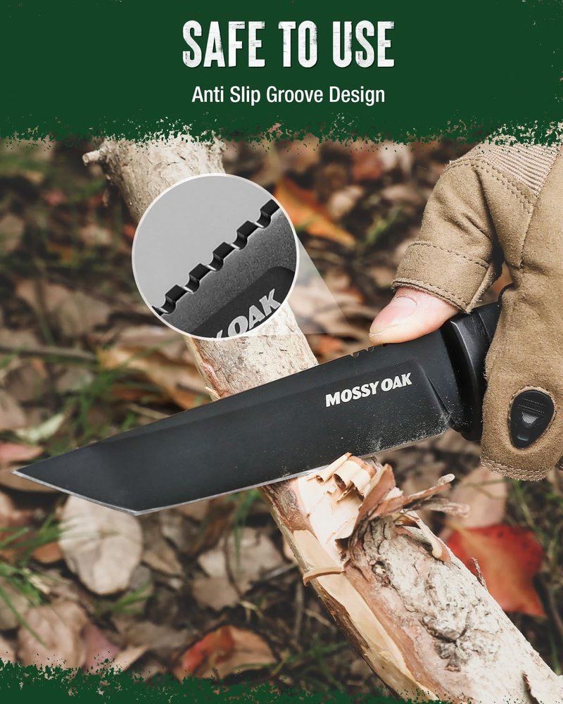 Mossy Oak 10 Inch Fixed Blade Hunting Knife, 14C28N Full Tang Tanto Hunting Knife with Sheath for Survival, Camping, Hiking, Tactical Use