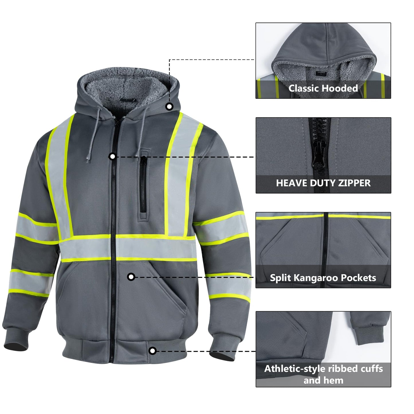 VENDACE Men's ANSI Class 3 High Vis Safety Reflective Sweatshirt Wool Fleece Zipper Jacket Hoodie (Grey,M)
