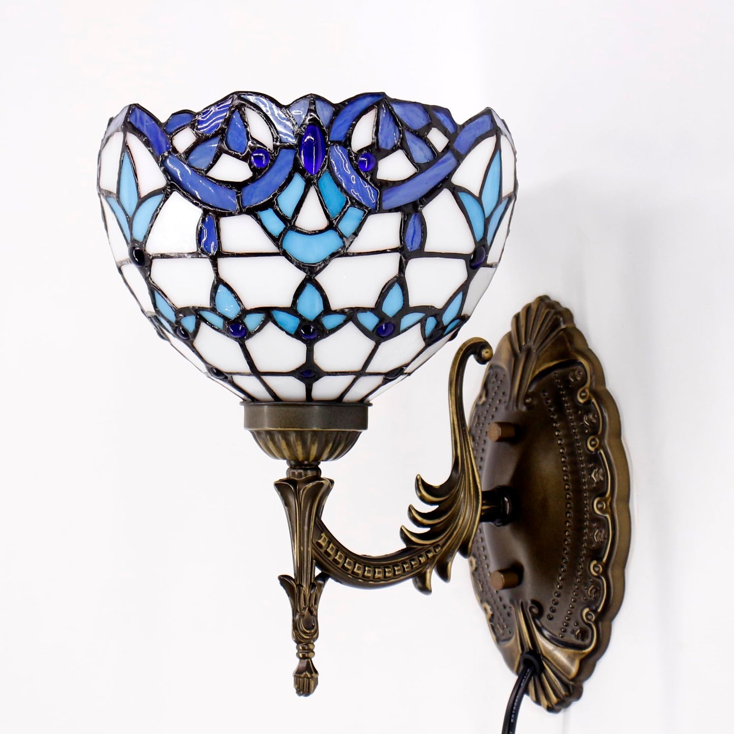 Tiffany Wall Sconce Lamp Stained Glass 8X10.5X11 Inch Plug in Wall Bedside Light for Hallway Bedroom (White Blue Baroque Style)