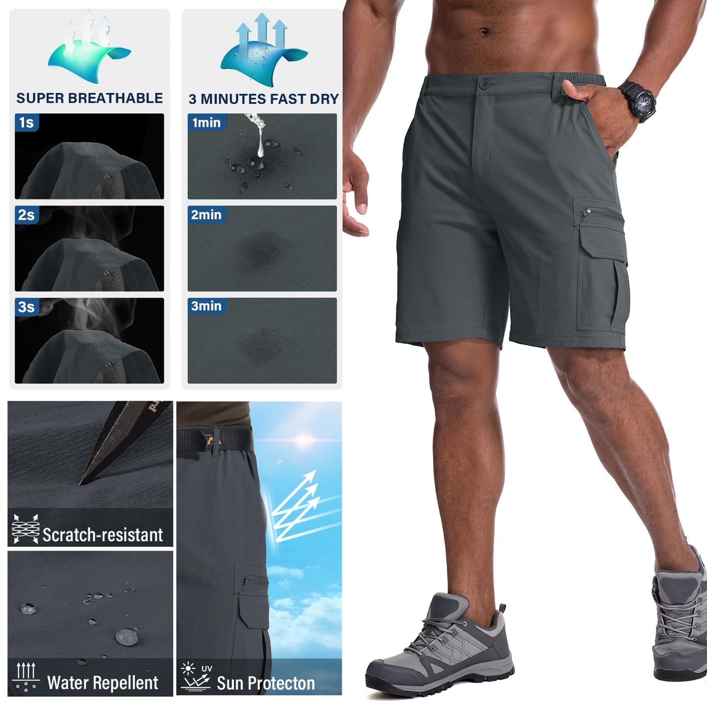 Jessie Kidden Mens Outdoor Casual Expandable Waist Lightweight Water Resistant Quick Dry Fishing Hiking Shorts (6222 Iron Grey 40)