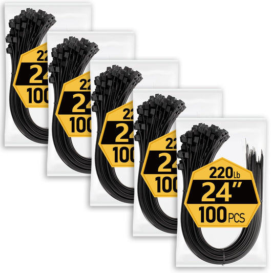 Large Zip Ties Heavy Duty 24 inch (500 Pack), 220 lb Tensile Strength for Outdoor Use, Black Cable Ties, Long Wire Ties by ANOSON