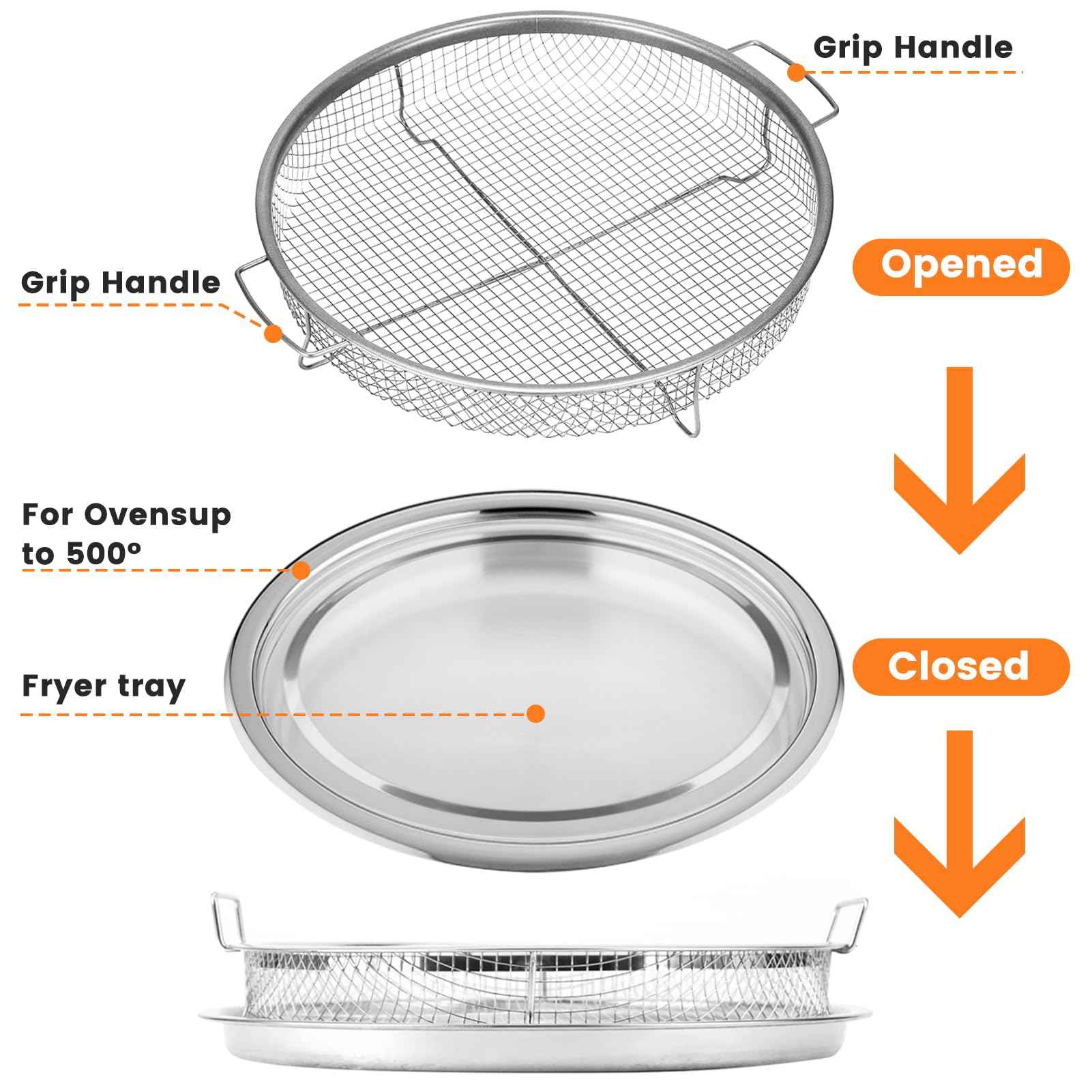 Air Fryer Basket for Oven,2 Pieces Set Round Silver 12.9'' Non-stick Stainless Steel Mesh Air Fryer Baking Tray Accessories Rack Roasting Grill Basket for Convection Oven Air Fryer, Dishwasher Safe