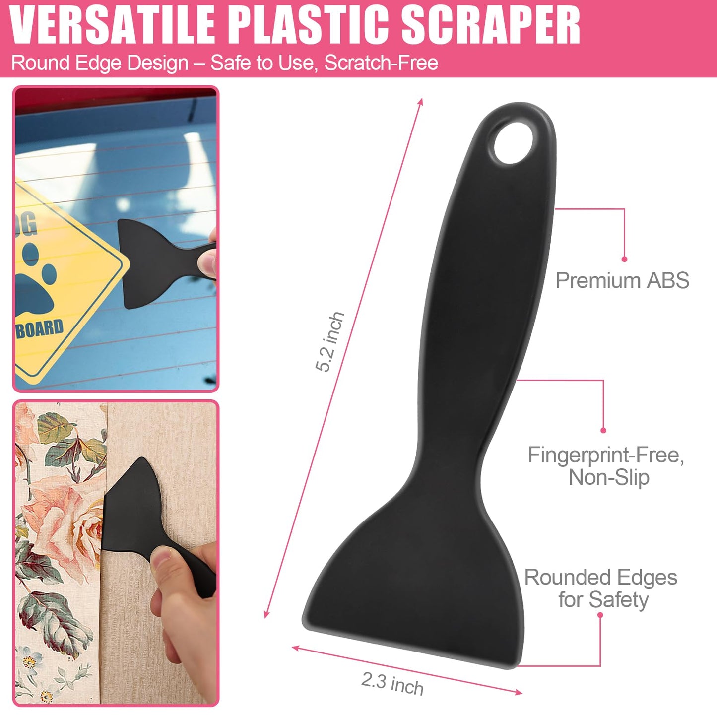 NECAMOCU 4 Pack Razor Blade Scraper, Premium Cleaning Scraper Tool with 50 PCS Metal & Plastic Razor Blades, Multi-Purpose Glass Scraper for Windows, Sticker, Decals, Cooktop, Paint Removal (Pink)