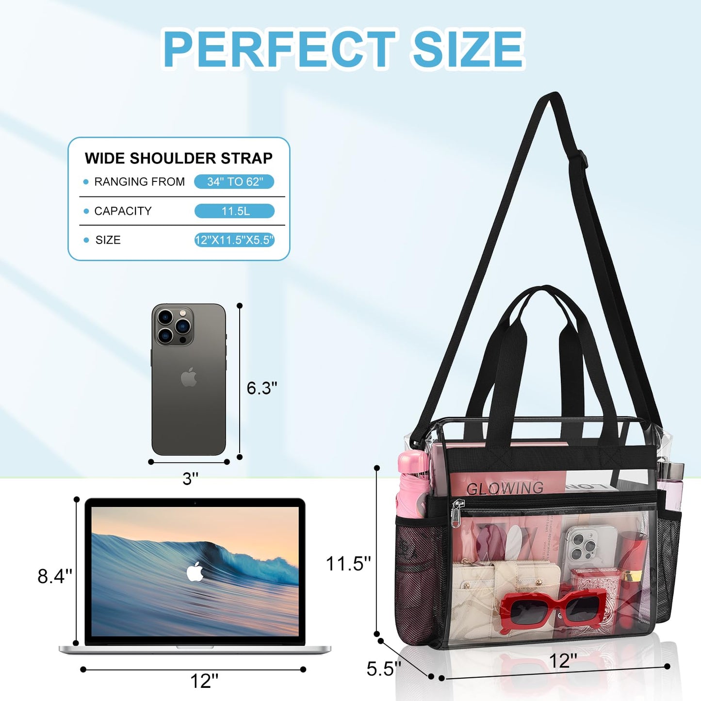 Busiuw Clear Bag for Stadium Events Approved 12x6x12 - Clear Tote Bag Sports Fan Tote Bag with Reinforced Strap for Sport Festival Work Game Day