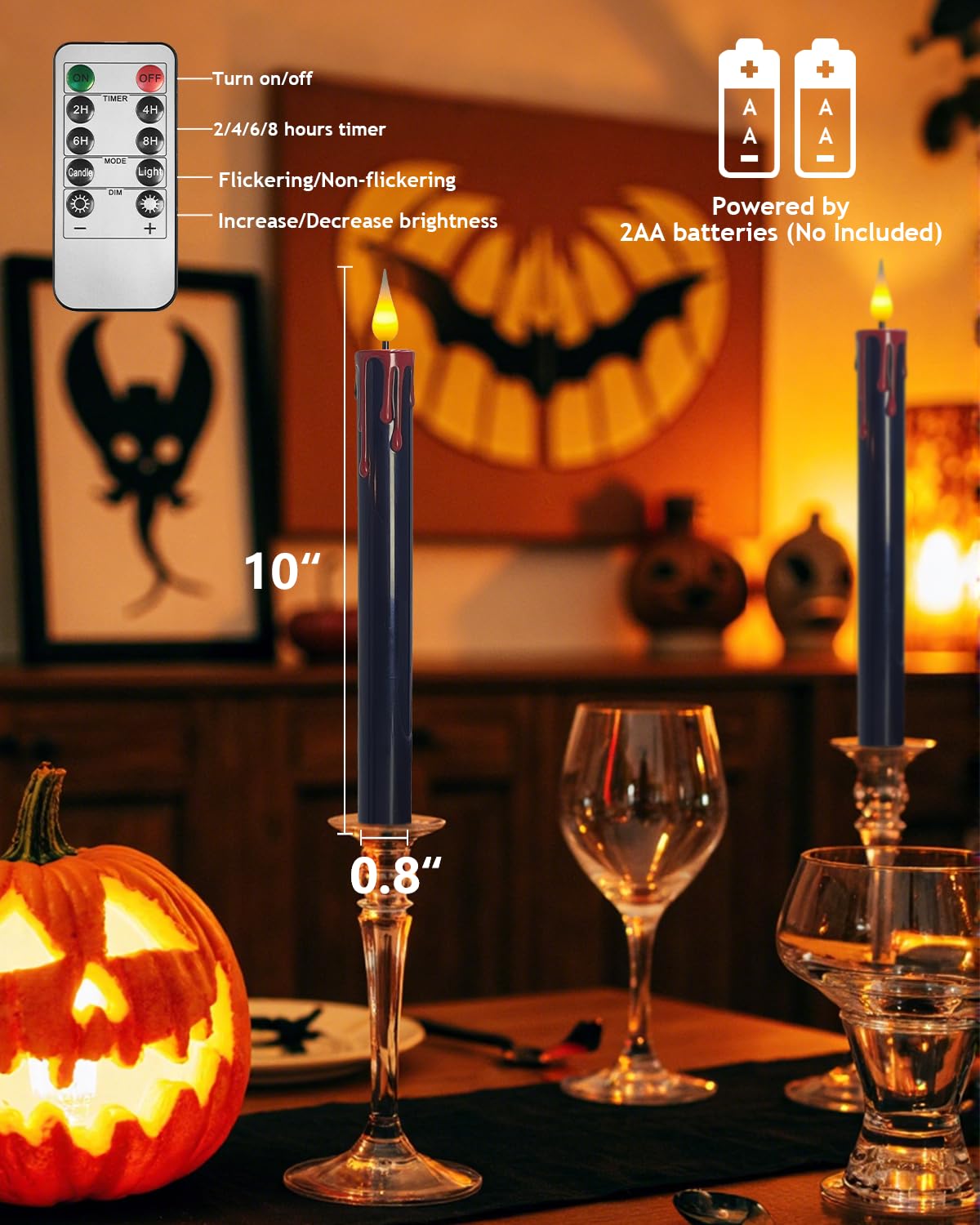 SUNGEGE Flameless Bleeding Candles – 6 Pack, Black LED Taper Candles with Red Dripping Wax Effect, 0.8 x 9.9 Inches, Includes 2 Remotes – Creepy Halloween Decor for Haunted Houses & Horror Parties