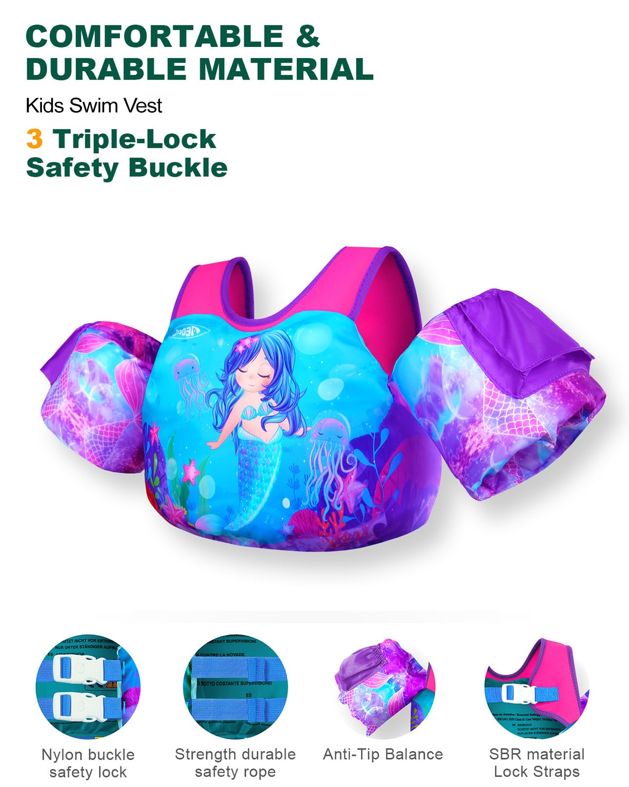 AEOCOO Puddle Float Jumper 30-50-60-70 Pounds, Toddler Swim Vest for 2-3-5-7 Years Old, Pool Floats with Swimming Arm Floaties Swim Jacket for Kids Swimmies, Boys, Girls, Niños, Mermaid
