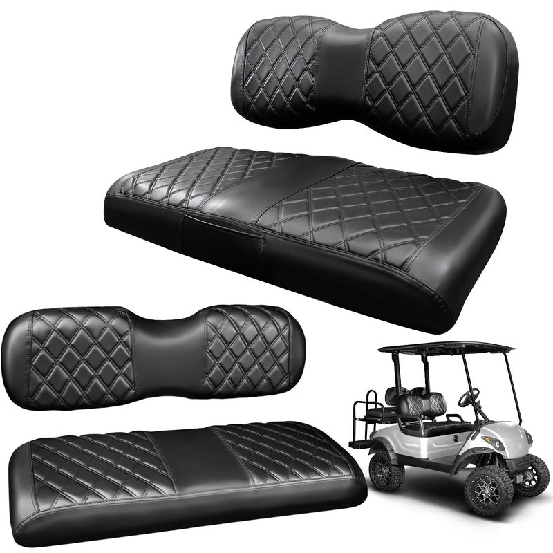 PZWLI 4PCS Golf Cart Seat Covers Kit with Pocket,Front and Rear Vinyl Replacement Seat Cover for Yamaha Drive/Drive2 Standard Cushion,No Stapler, Black