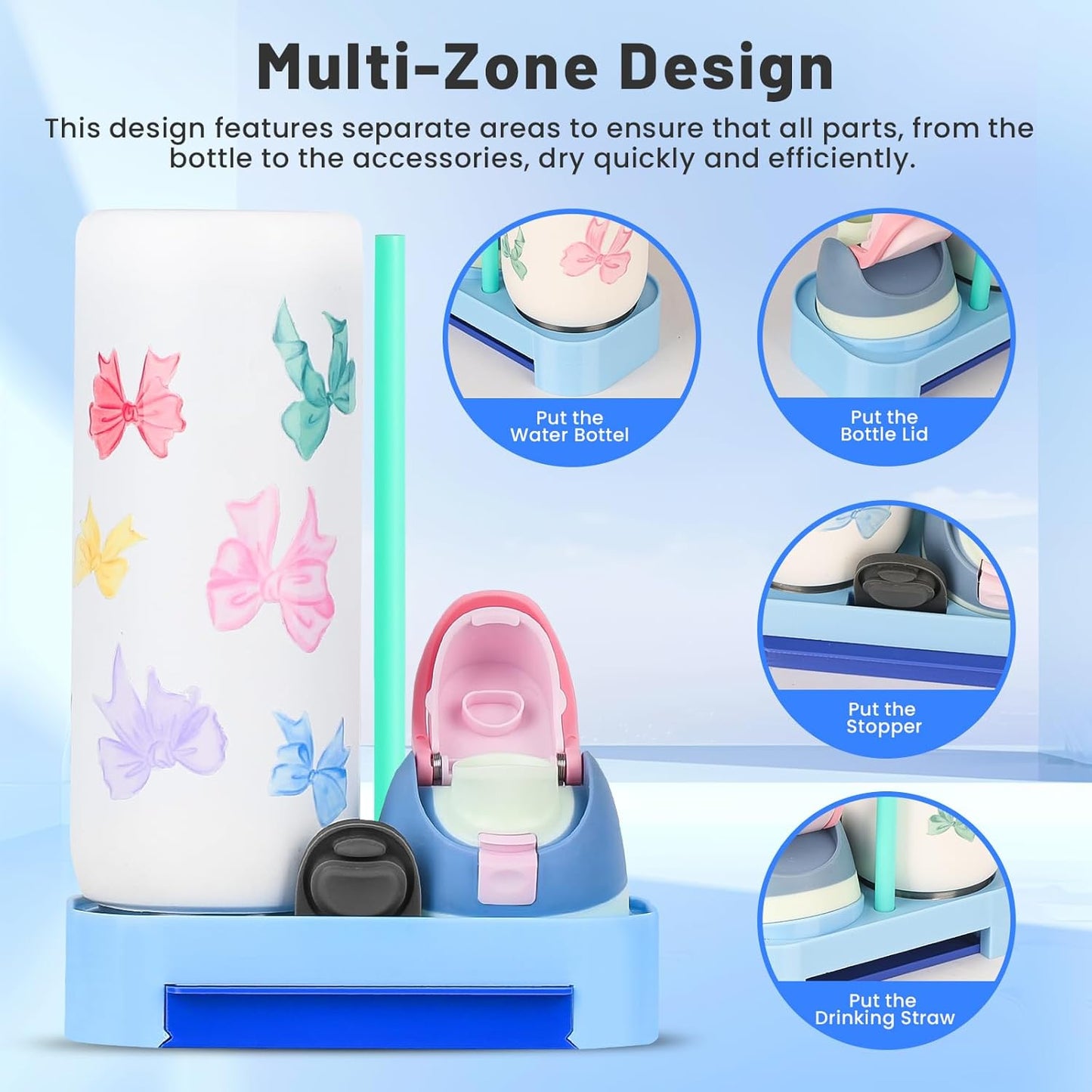 Owala Bottle Drying Rack - Portable Space-Saving Stand with Drain Tray & 4 Cleaning Brushes | Blue
