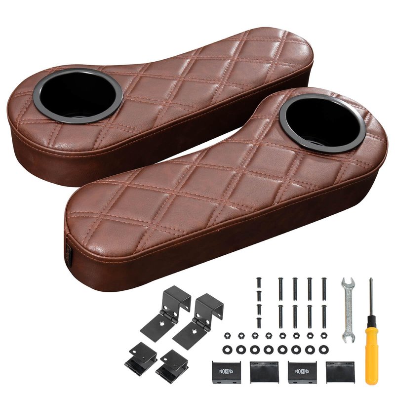 NOKINS Golf Cart Armrest with Cup Holder for EZGO/Club Car/Yamaha, No Drilling Required, Golf Cart Flip Hinged Armrest for Rear Seat with 1 inch Square Tube Frame (Brown&Brown 8438)