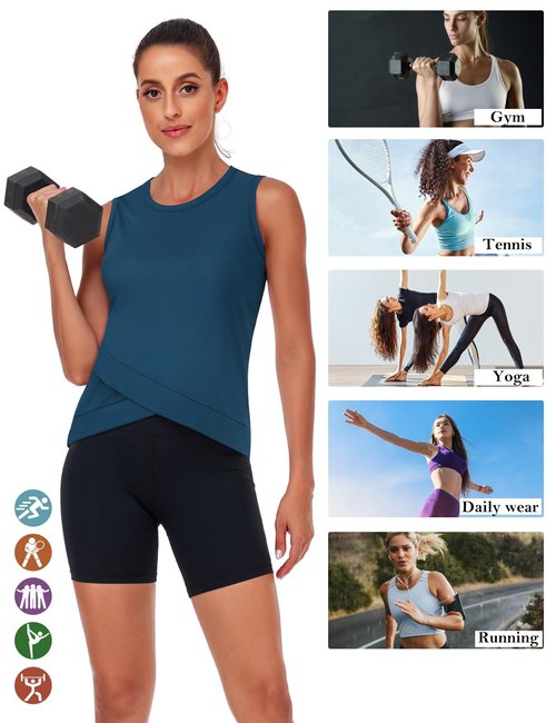 LURANEE Women's Workout Athletic Tank Tops Quick Dry Sun Protection Yoga Gym Crop Sleeveless Shirts Dark Blue