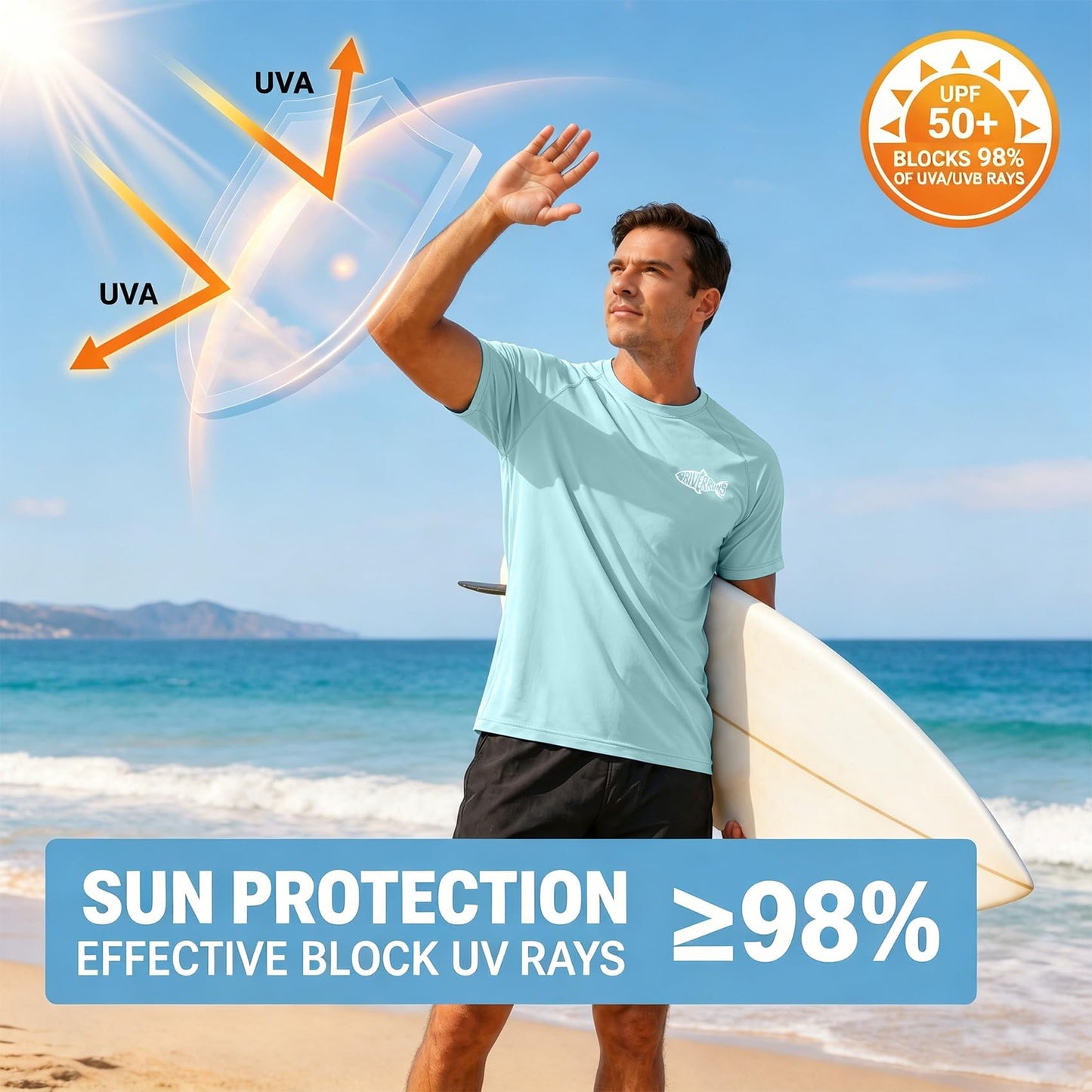 Riverruns Men's Swim Shirt, UPF 50+ UV Protection Rash Guard, Quick-Dry Athletic T-Shirt for Fishing & Surfing#1014 Light Green