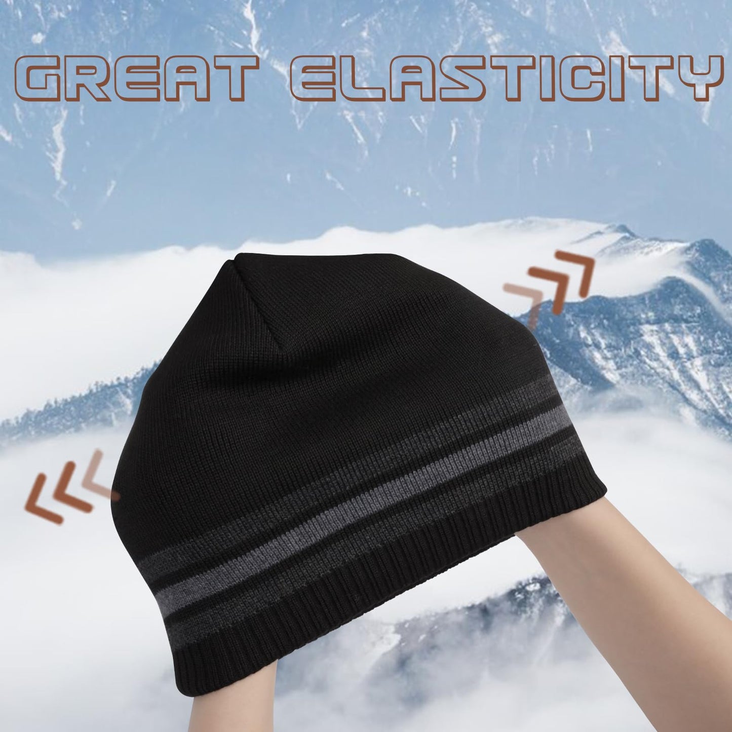 TUVATU Knitted Striped Beanie for Men Women, Fleece Lined Winter Hat, Warm Windproof Unisex Soft Ski Beanie Cap for Autumn Winter, Black