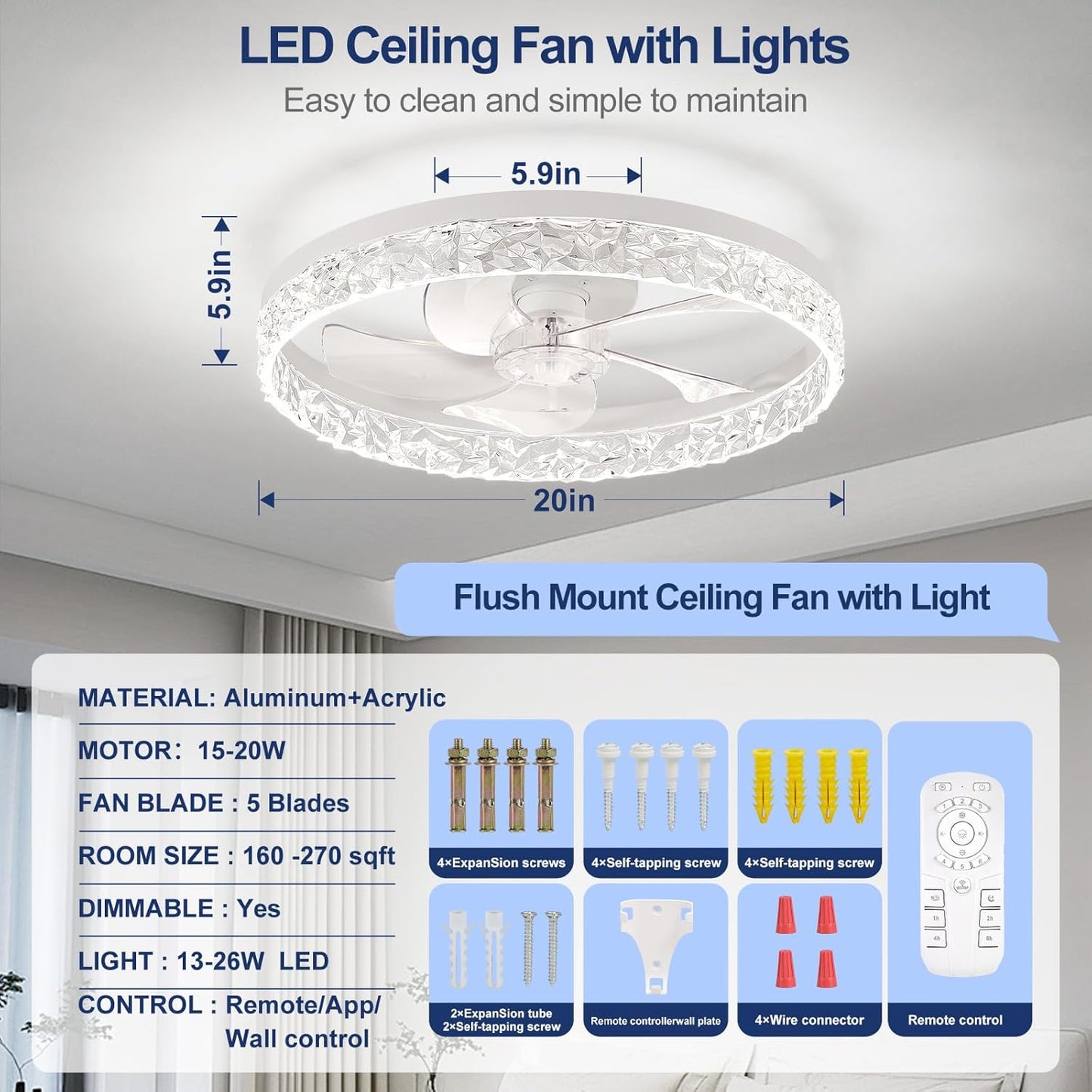 Flush Mount Ceiling Fan with Lights & Remote - 6 Speed Low Profile for Bedroom & Small Rooms