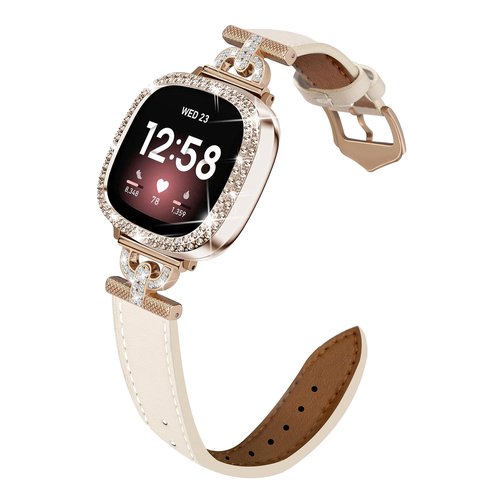 Leather Band Compatible with Fitbit Sense 2/Versa 4 Bands for Women, Dressy Leather Strap with Rhinestone D-Shape Metal Buckle with with Bling Case Cover (Fitbit Versa4/Sense2, Beige/Rose Gold)