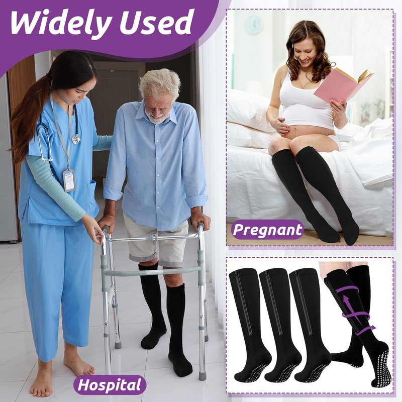 Shyyween 3 Pairs Zipper Compression Socks Non Slip Grip for Men Women 15-20mmhg Knee High Socks for Nurse Pregnant Swelling(L,Black)