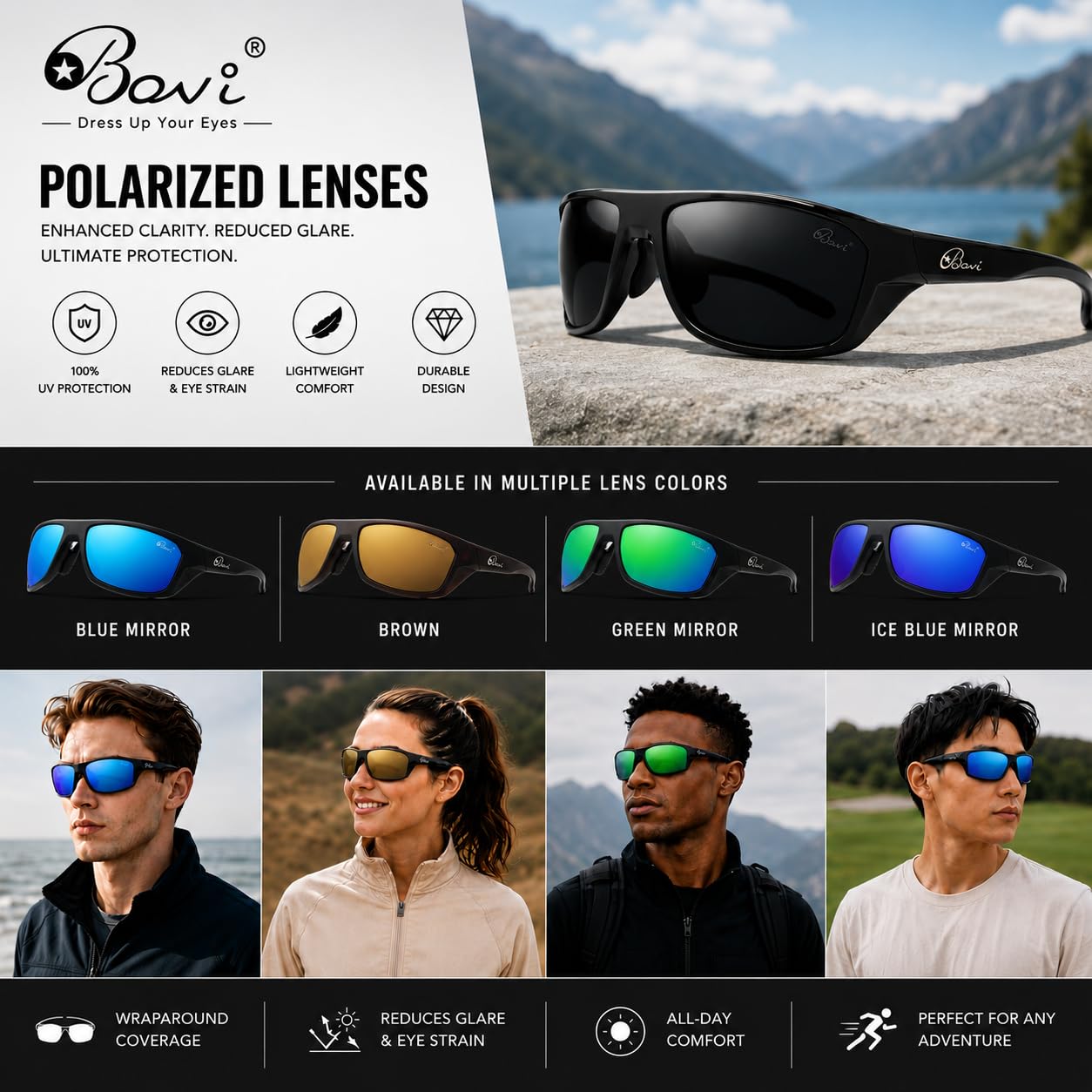 Bevi Polarized Sports Sunglasses for Women and Men Driving Shades Cycling Running UV Protection 2734C1