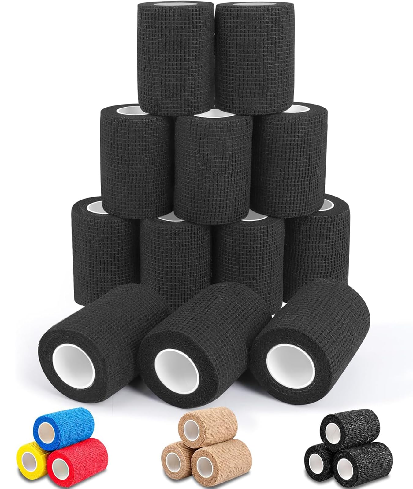 AZEN 12 Pack Black Self Adhesive Bandage Wrap, 3" X 5 Yards Elastic Cohesive Bandage Wrap, Vet Wrap, Ankle Tape, Tattoo Grip Tape Wrap